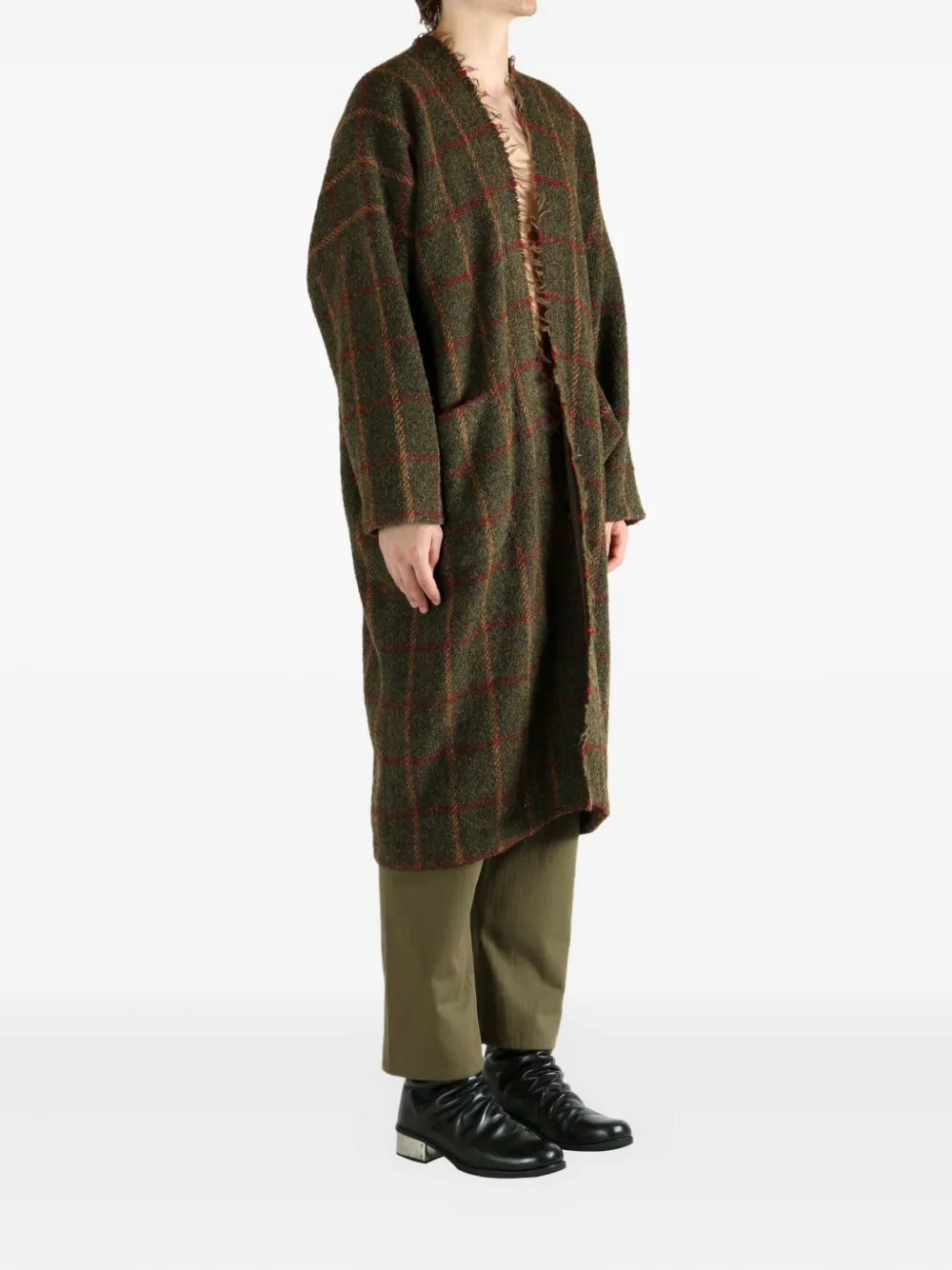 Uma Wang frayed check single-breasted coat Groen