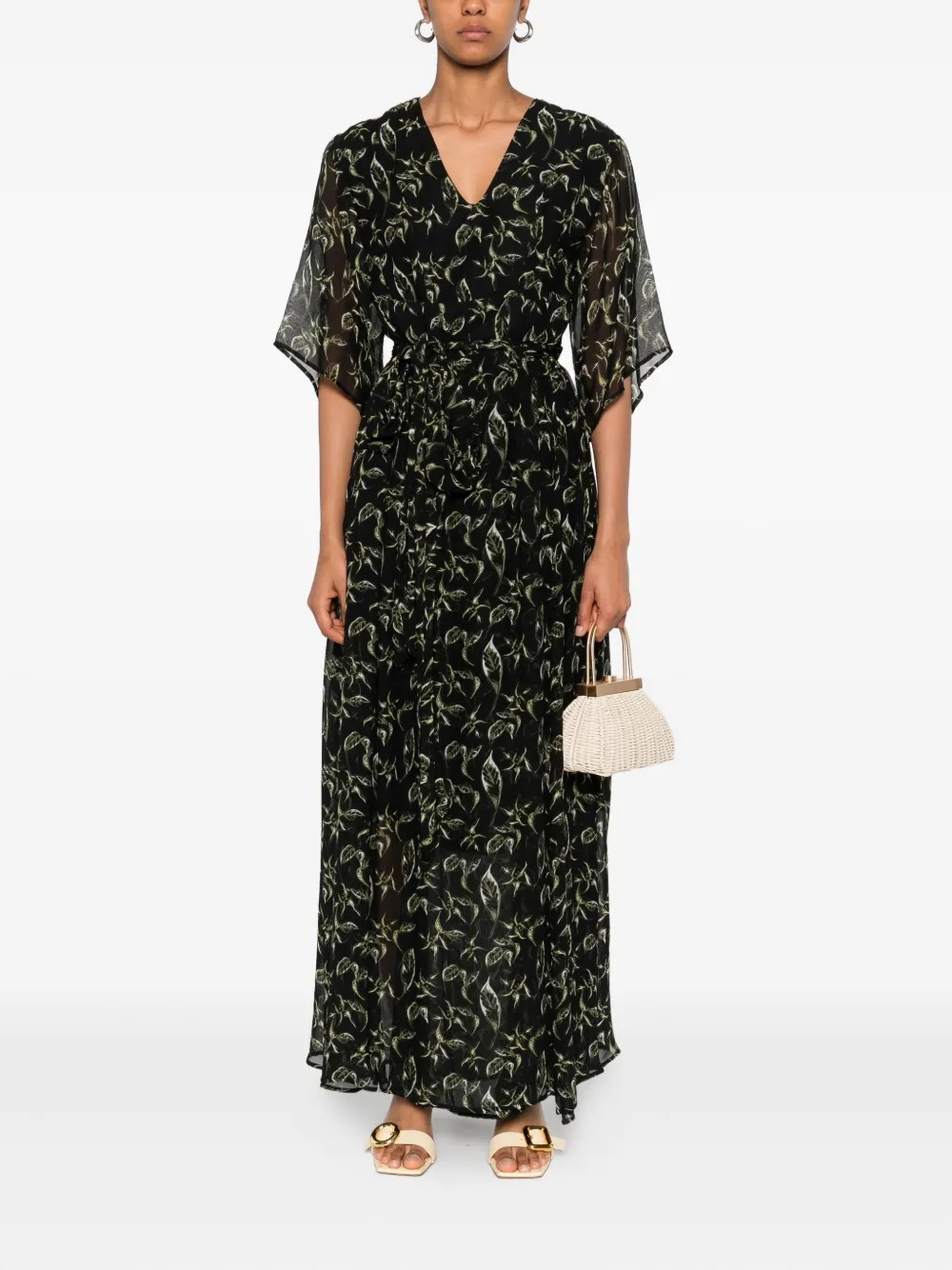 Marc O'Polo Maxi-jurk met bloemenprint en ceintuur - Zwart