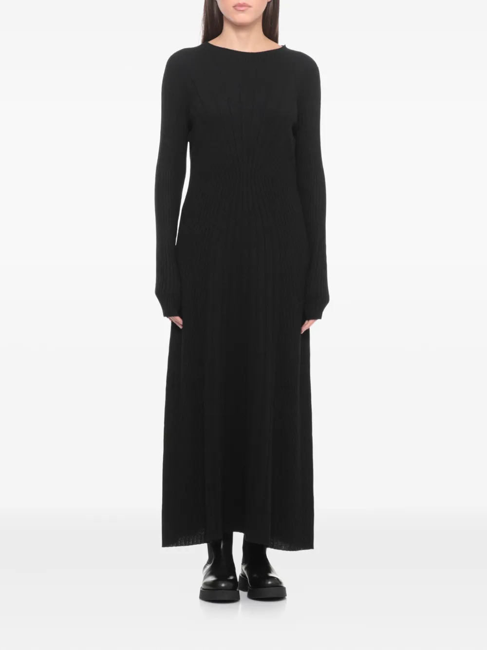D.Exterior round-neck long-sleeves midi dress - Zwart