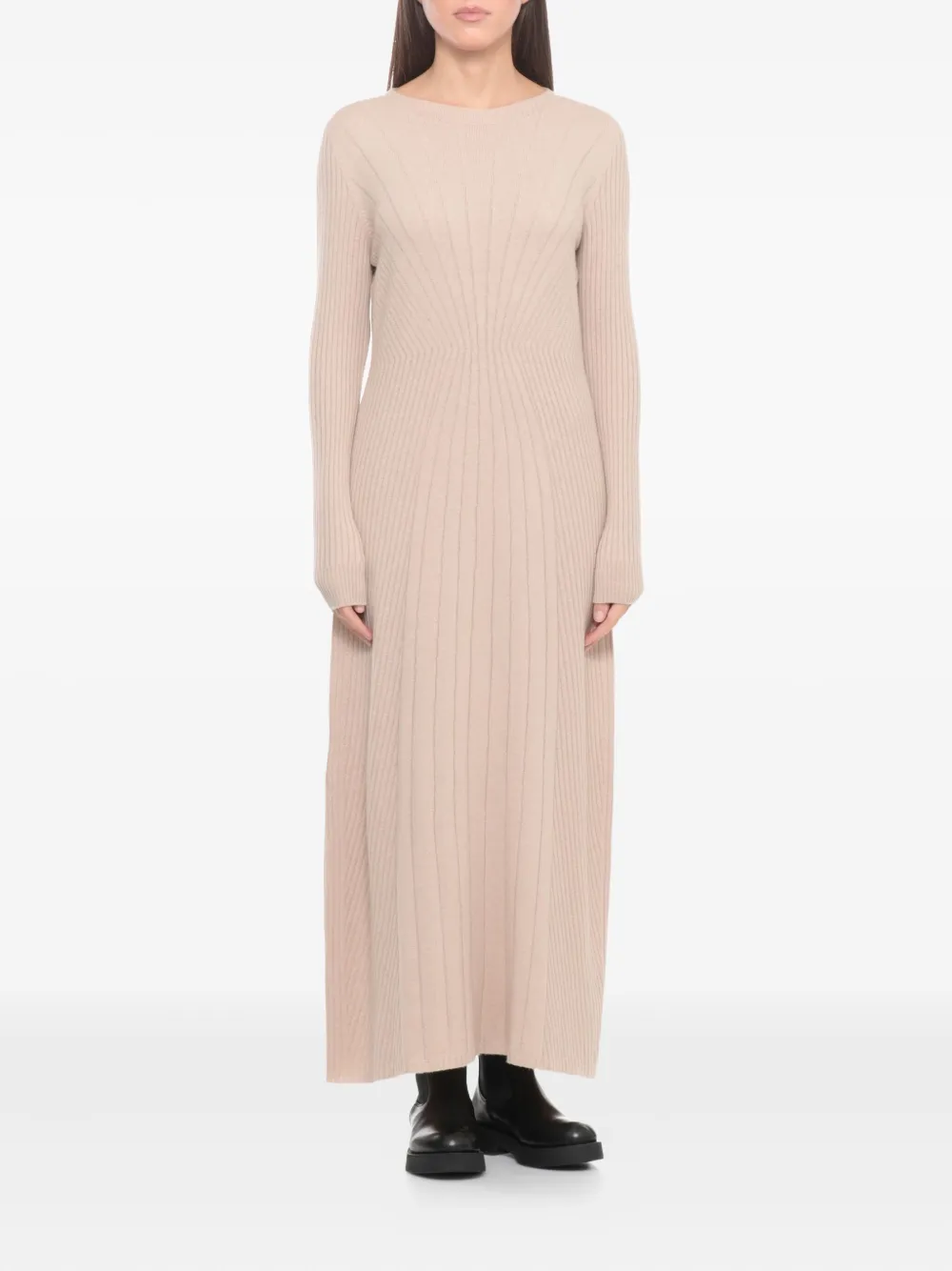 D Exterior Round-neck Long-sleeves Midi Dress In Neutral