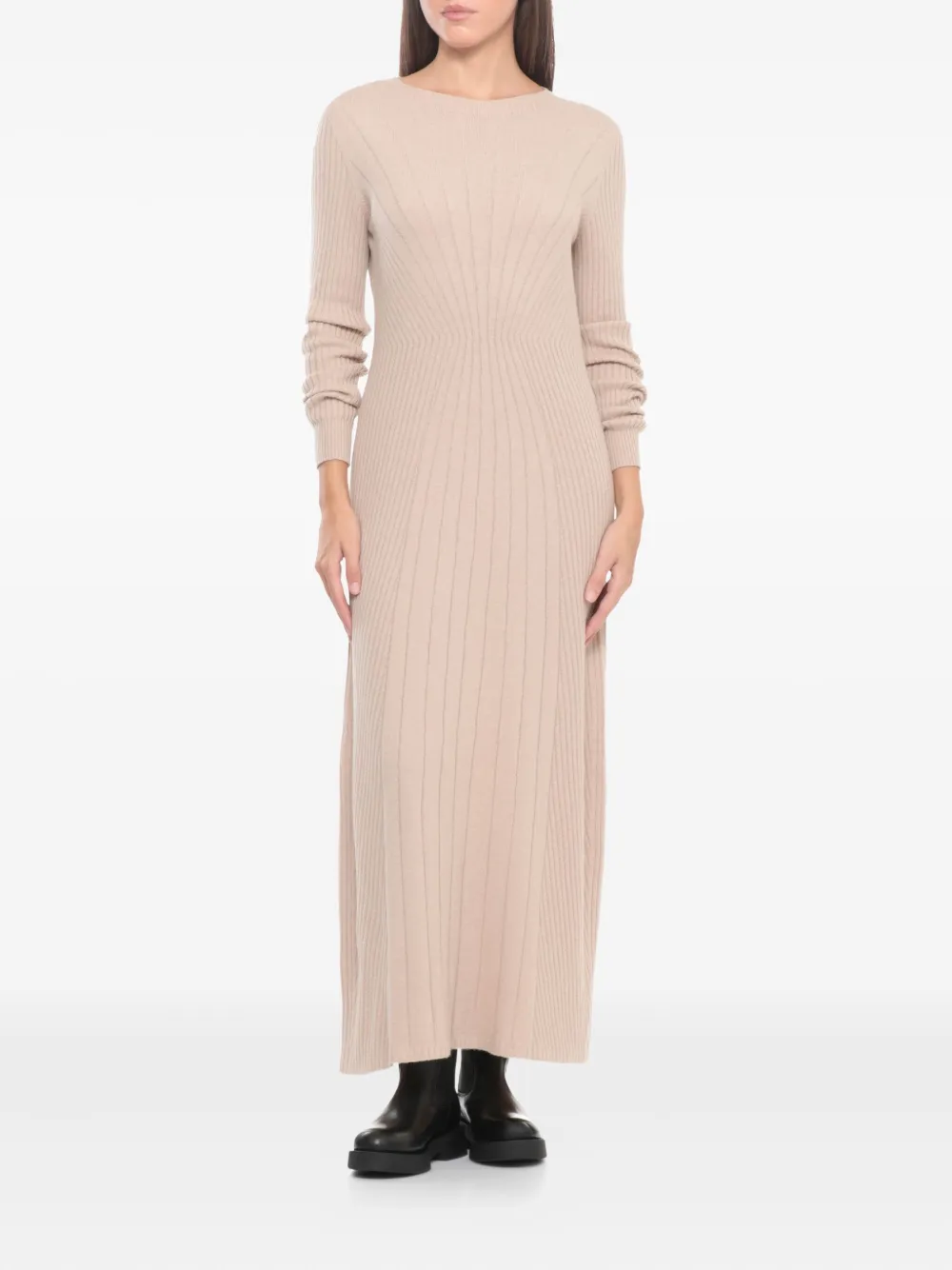 D Exterior Round-neck Long-sleeves Midi Dress In Neutral