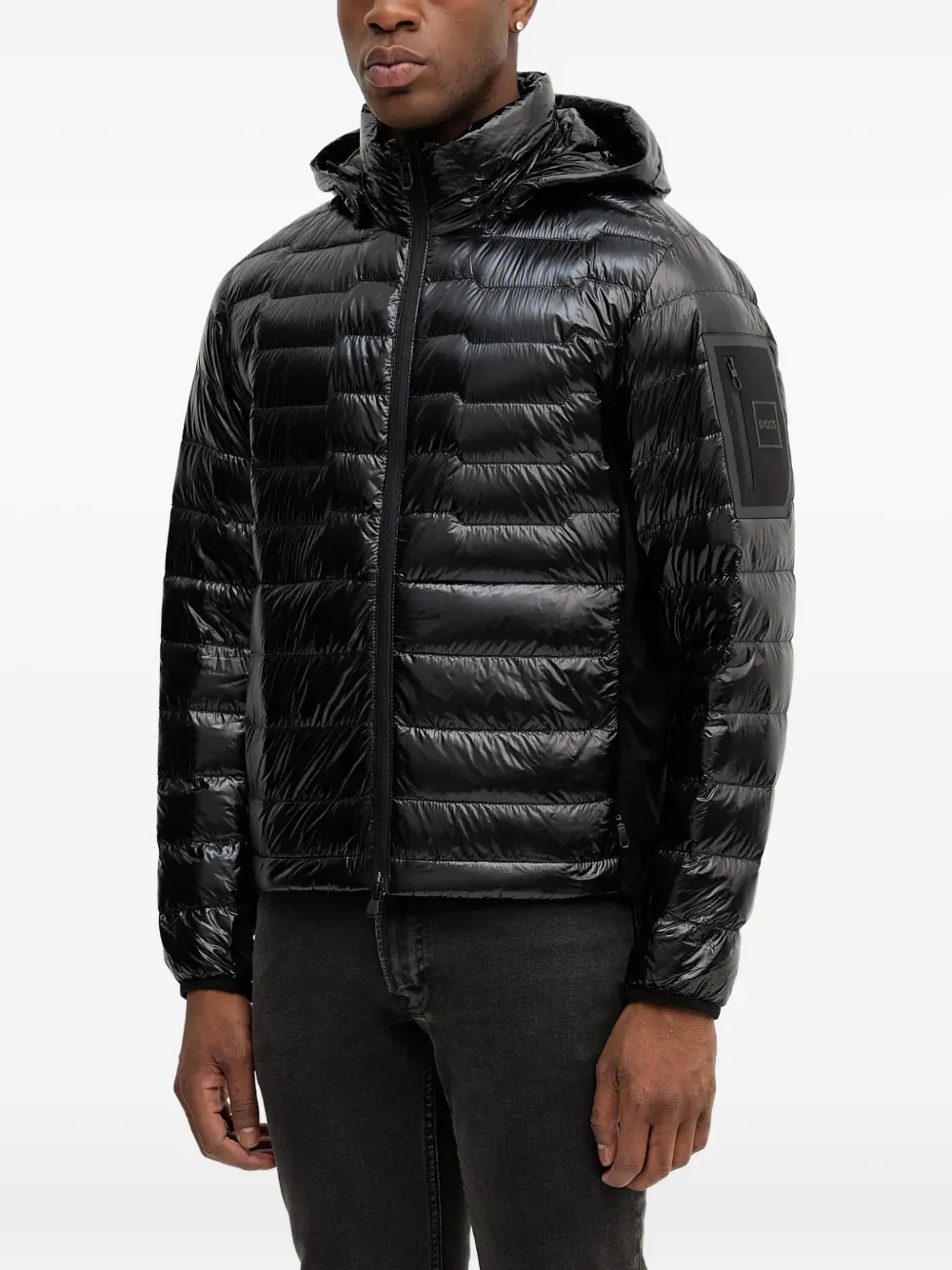 BOSS hooded quilted jacket Zwart
