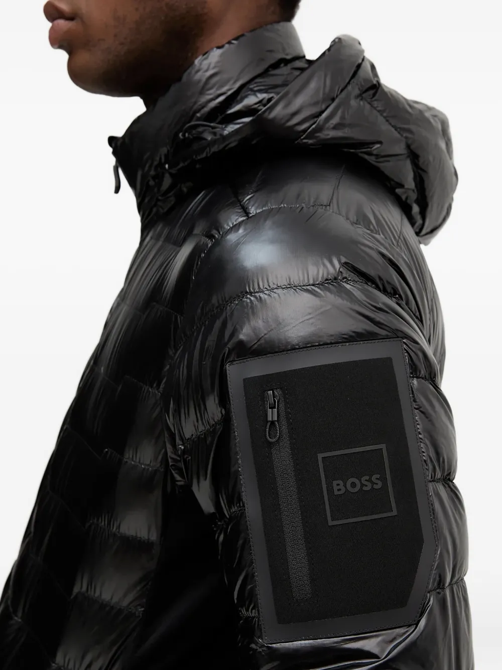 BOSS hooded quilted jacket Zwart