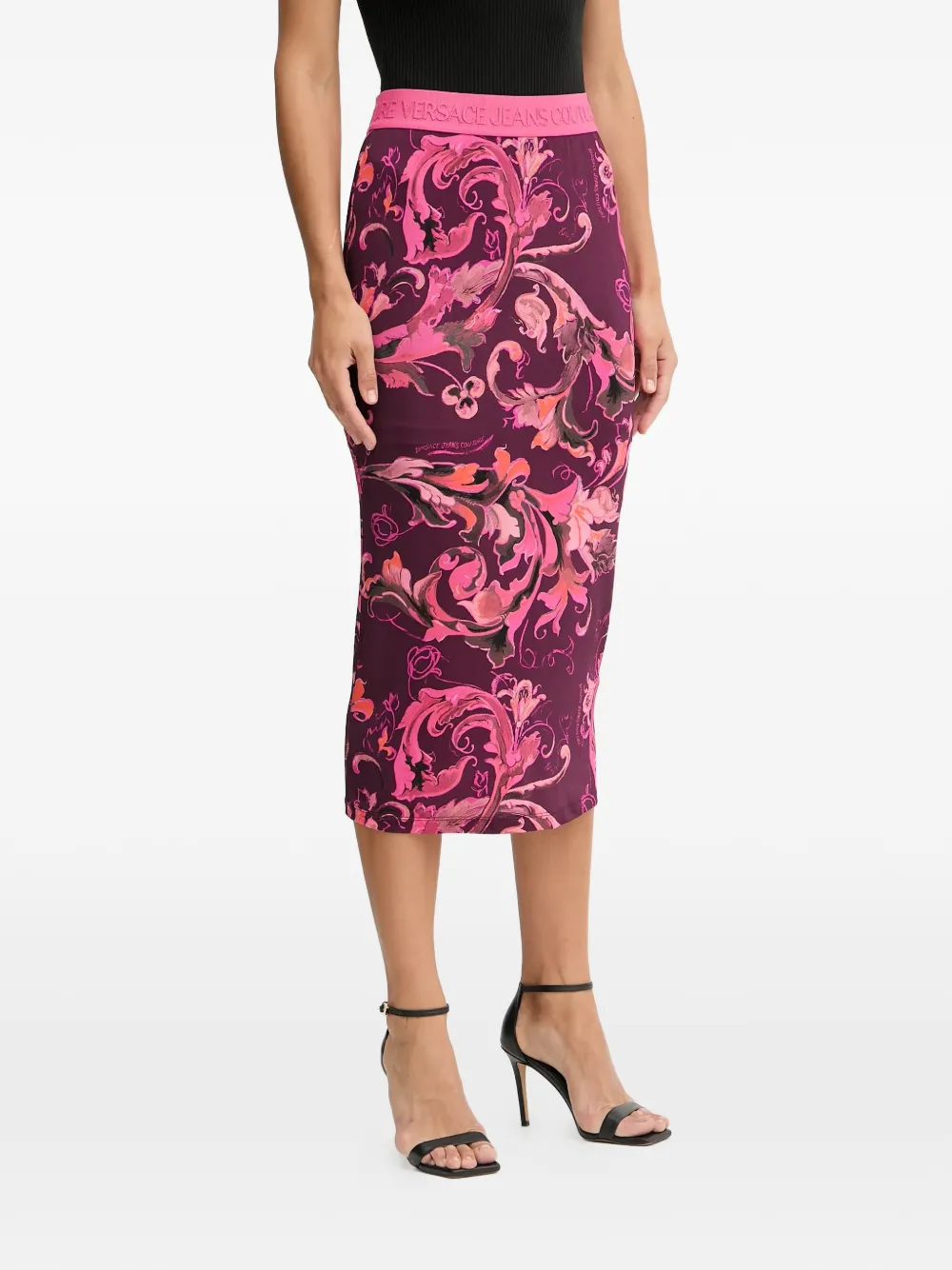 Versace Jeans Couture Floral-pattern Logo-detail Midi Skirt In Purple