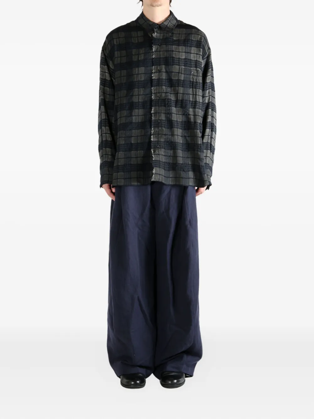 Uma Wang checked-pattern frayed shirt - Grijs