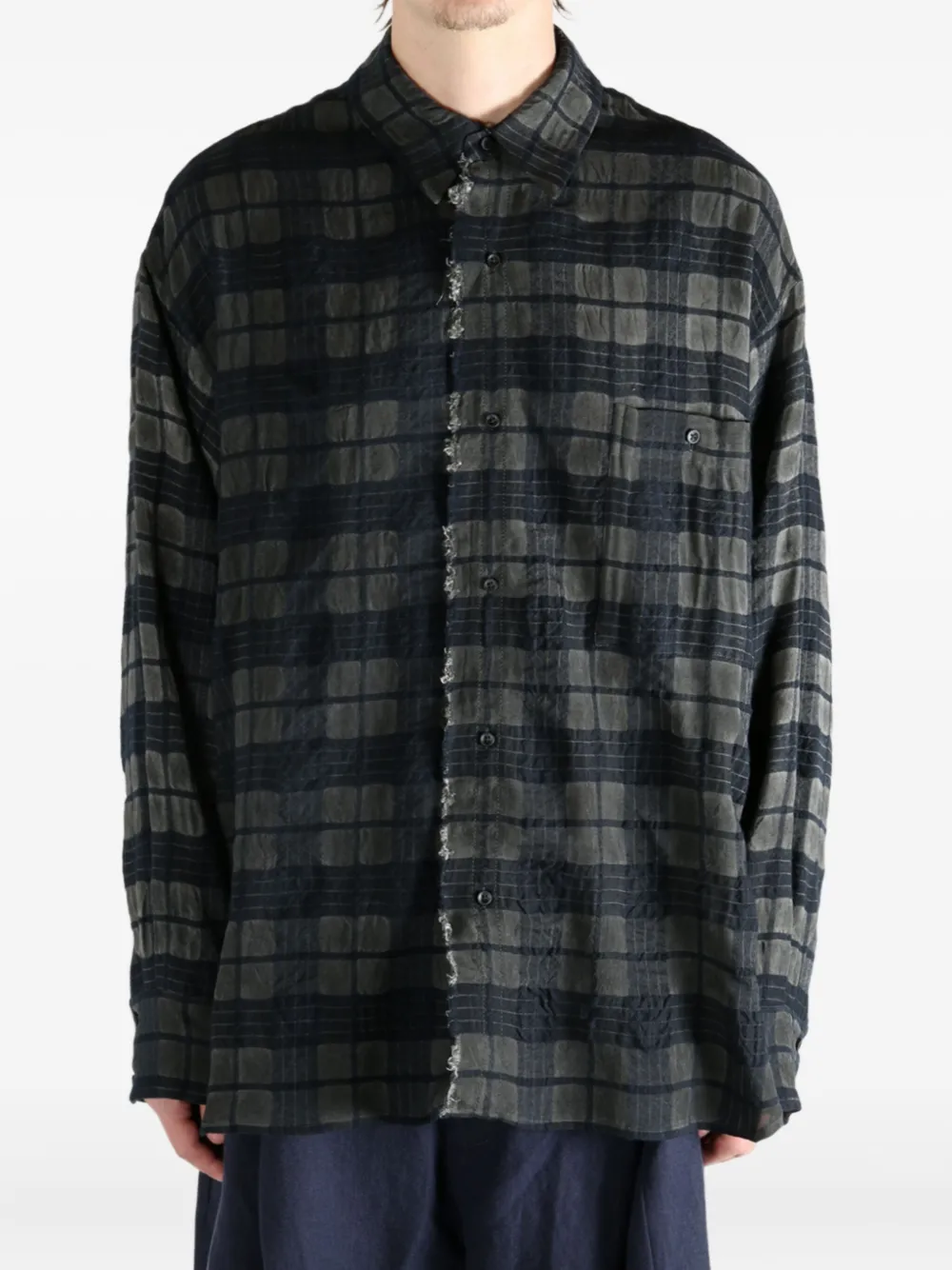 Uma Wang checked-pattern frayed shirt Grijs