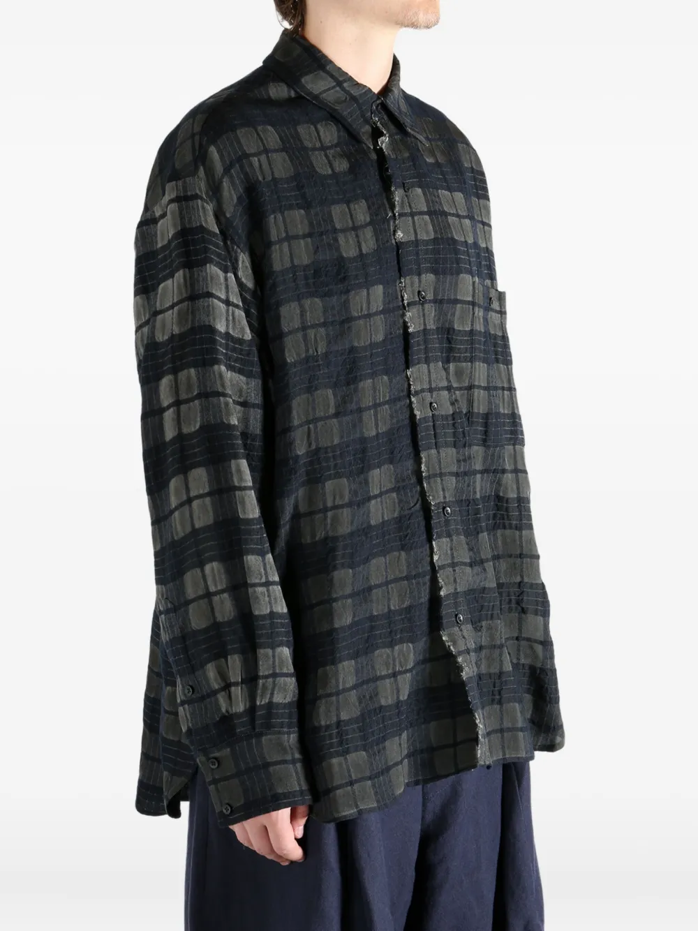 Uma Wang checked-pattern frayed shirt Grijs