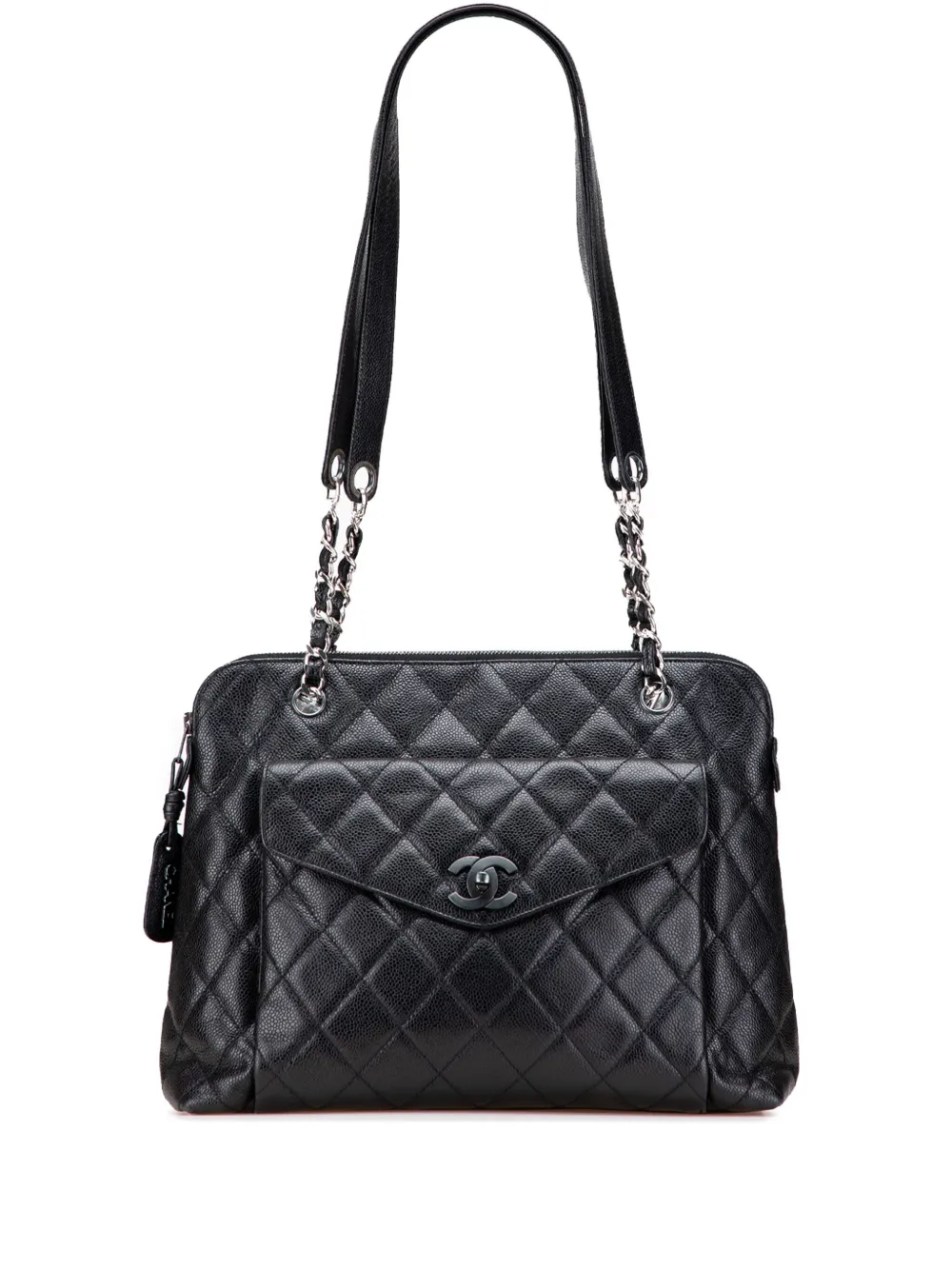 Pre-owned Chanel 1996-1997 Cc Quilted Caviar Front Pocket Shoulder Bag In Black