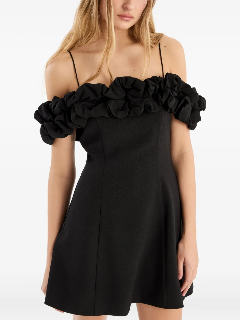 Rotate Birger Christensen A-line Mini Dress With Off-shoulder Ruffled Detail In Black