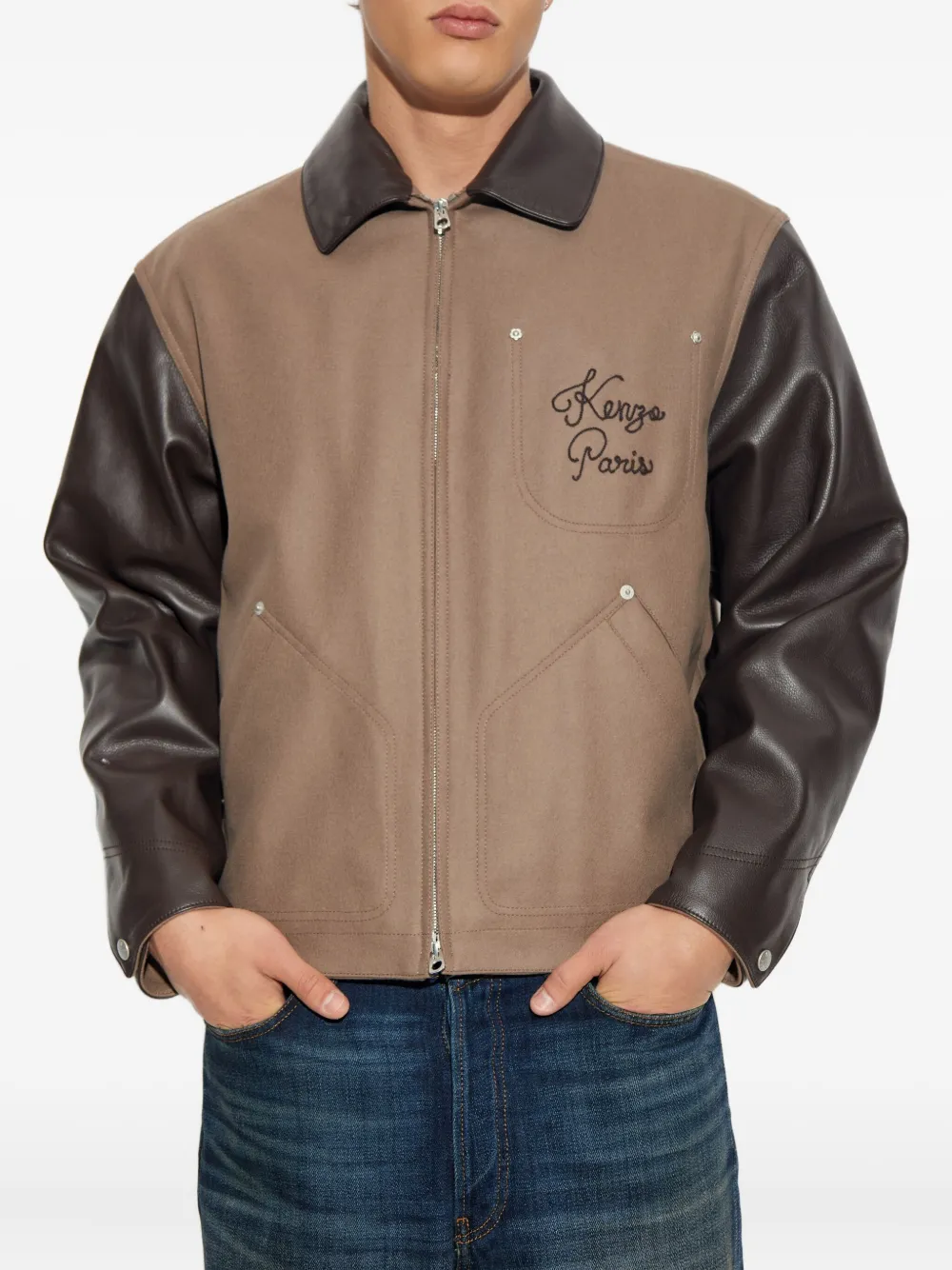 Kenzo leather-sleeved embroidered jacket Bruin