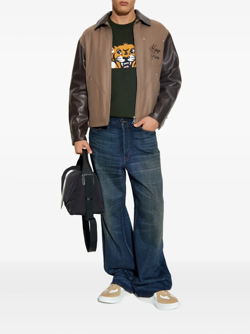 Kenzo leather-sleeved embroidered jacket Bruin