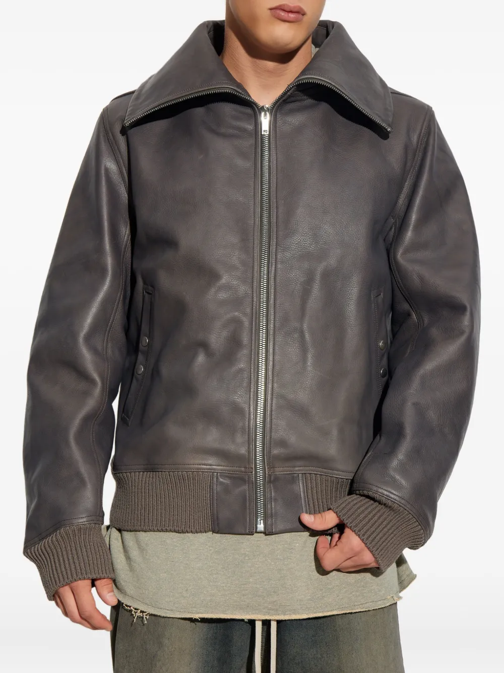 Rick Owens Blixa Dracollar ribbed-cuff leather jacket Bruin