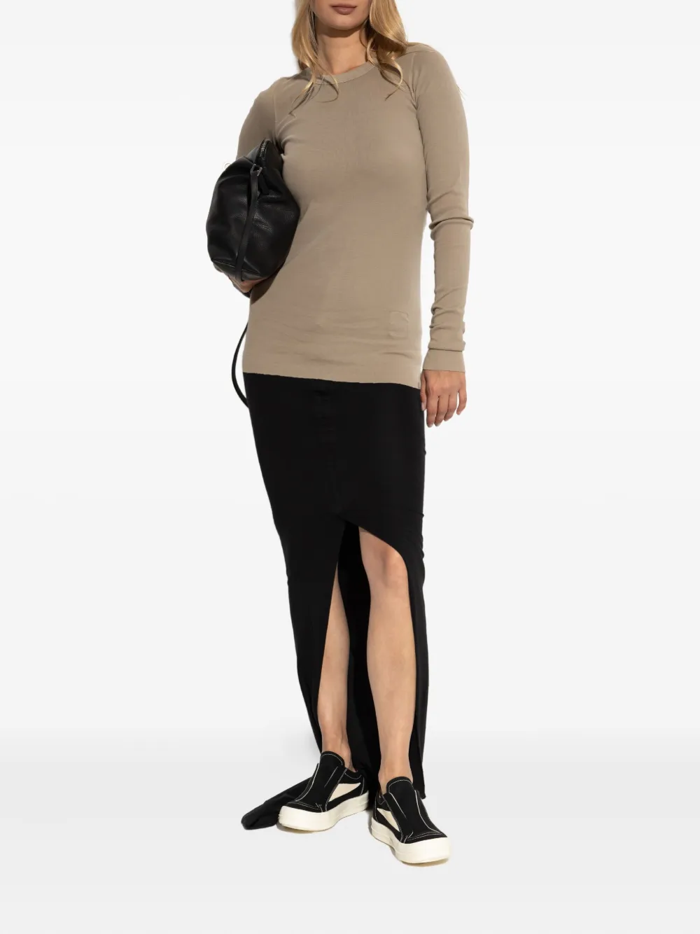 Rick Owens Drkshdw Asymmetric Hem Long Sleeve Ribbed Top In Brown
