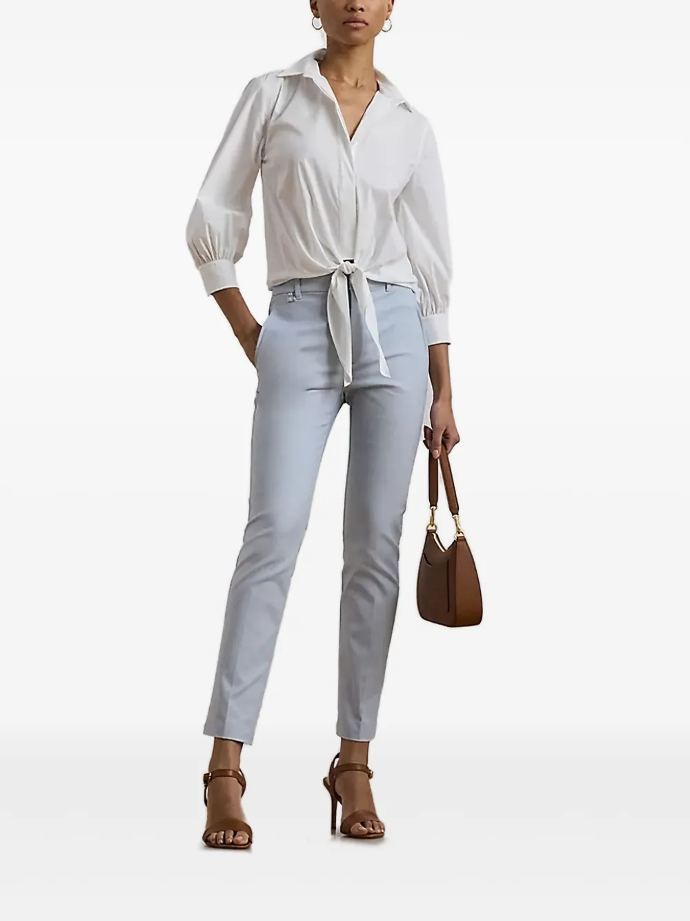 Lauren Ralph Lauren Blouse met ballonmouwen en gestrikte voorkant - Wit