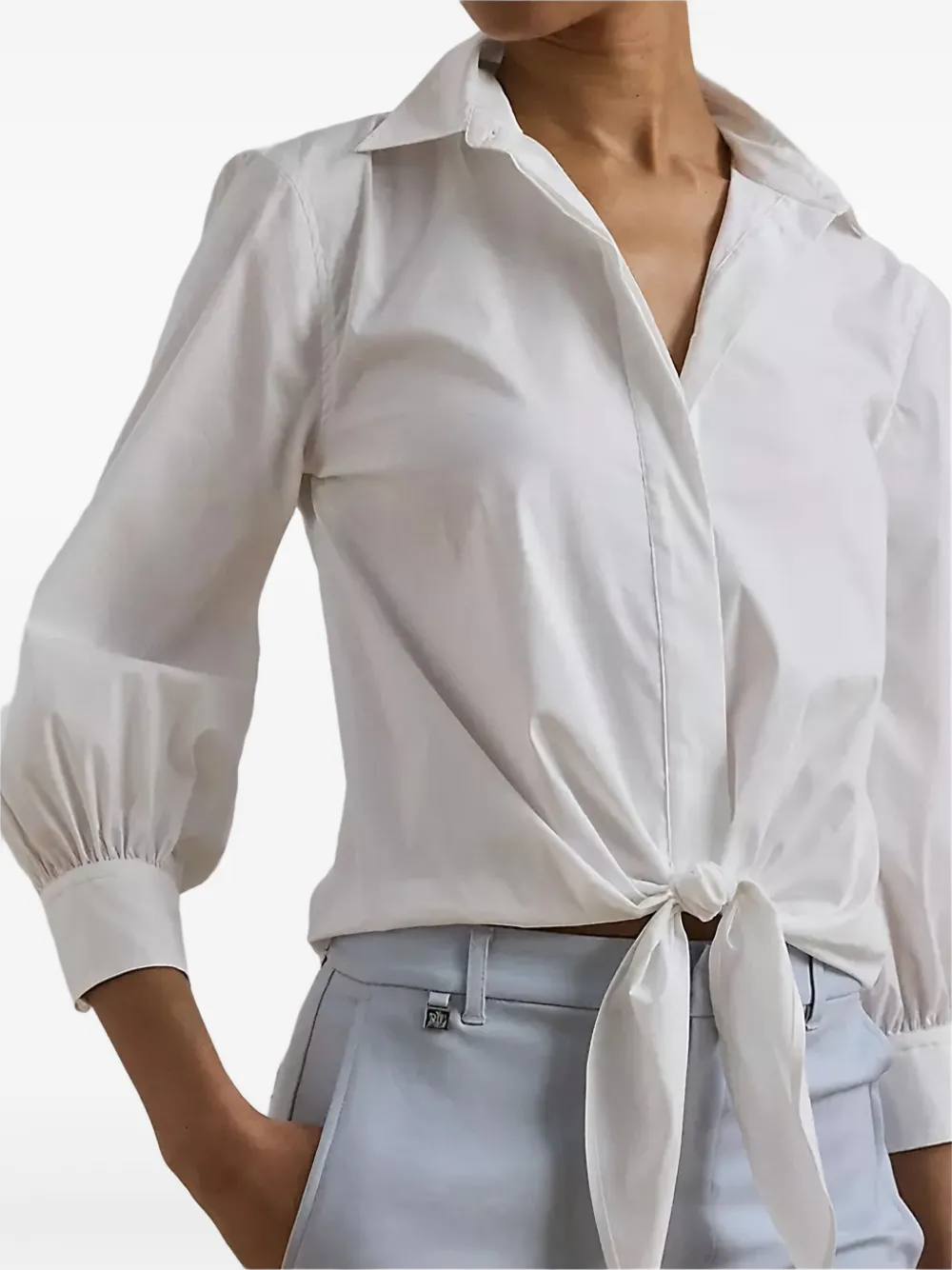 Lauren Ralph Lauren Blouse met ballonmouwen en gestrikte voorkant Wit