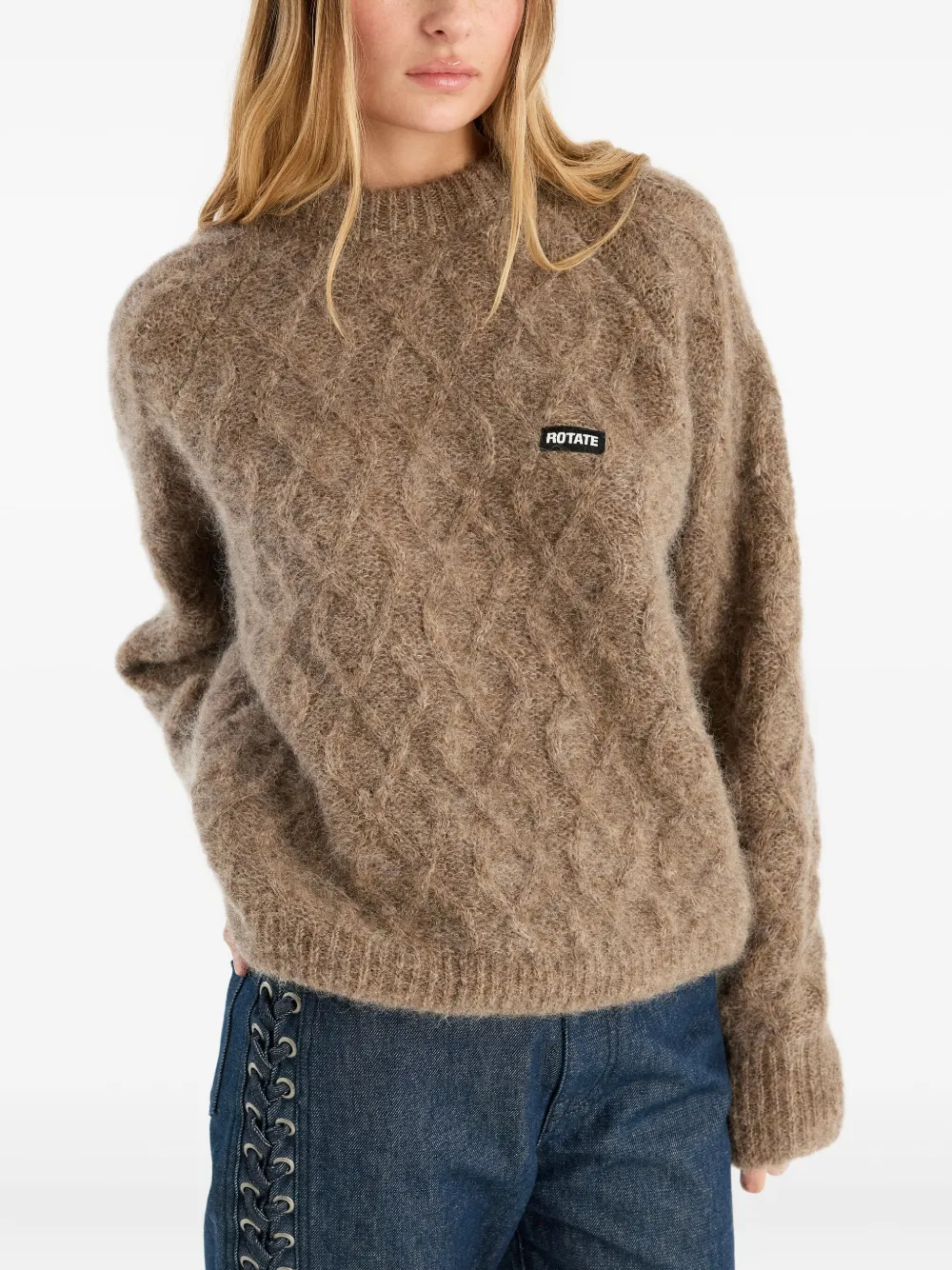 Rotate Birger Christensen Cable-knit Crew-neck Sweater In Brown
