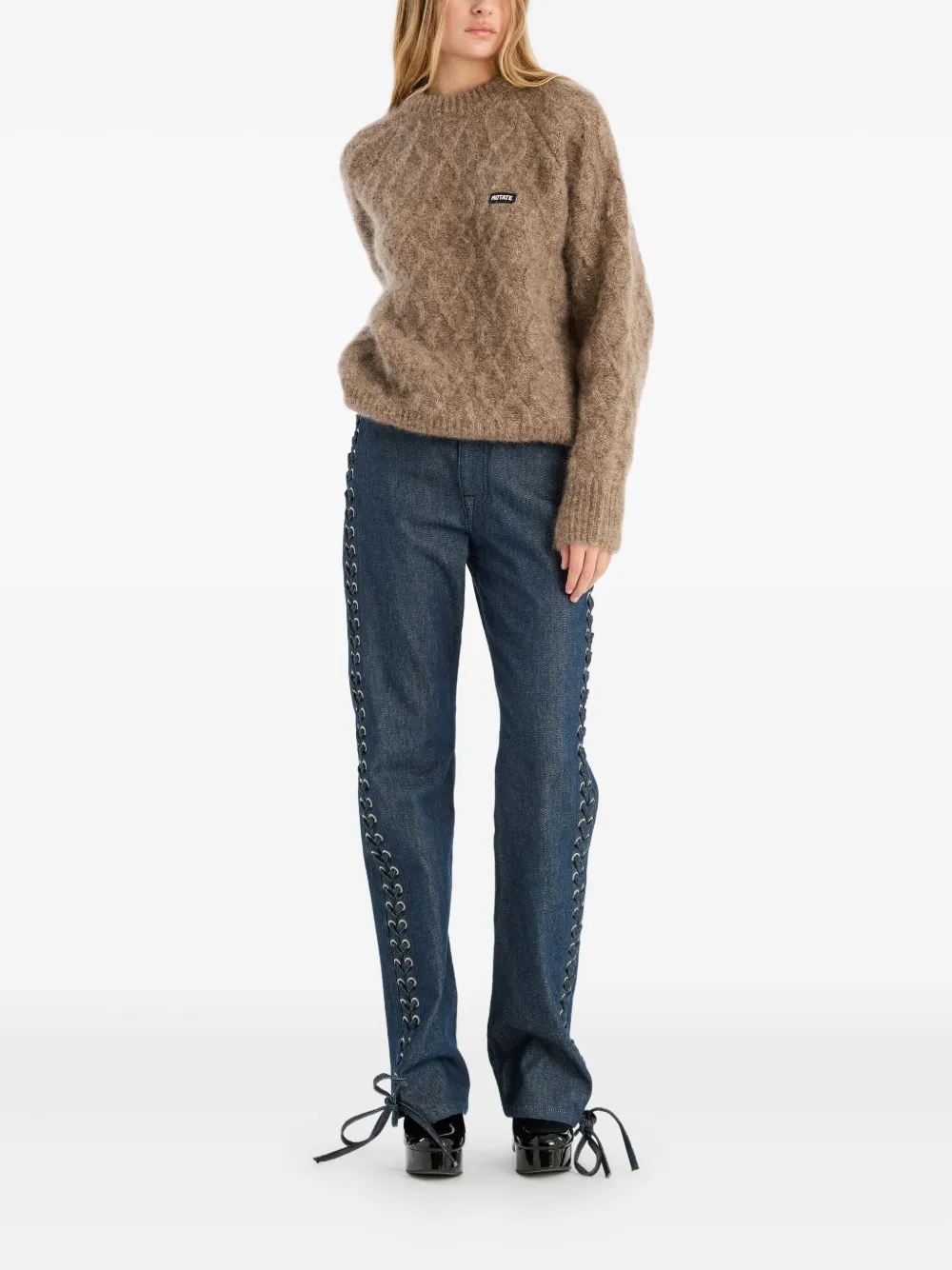 Rotate Birger Christensen Cable-knit Crew-neck Sweater In Brown