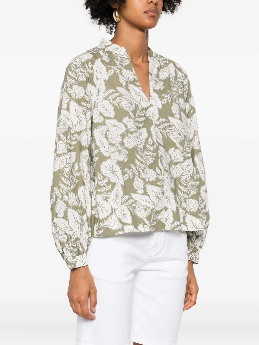 Marc O'polo Floral-print V-neck Blouse In Green