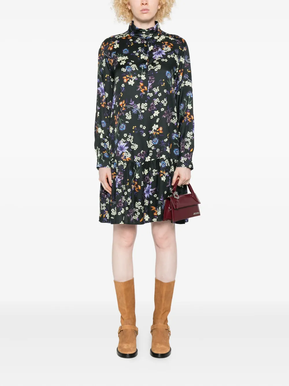 Marc O'Polo floral-pattern ruffled-hem mini dress - Zwart