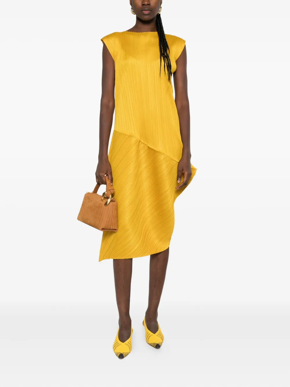 Pleats Please Issey Miyake Leap asymmetrische midi-jurk met plooien Geel
