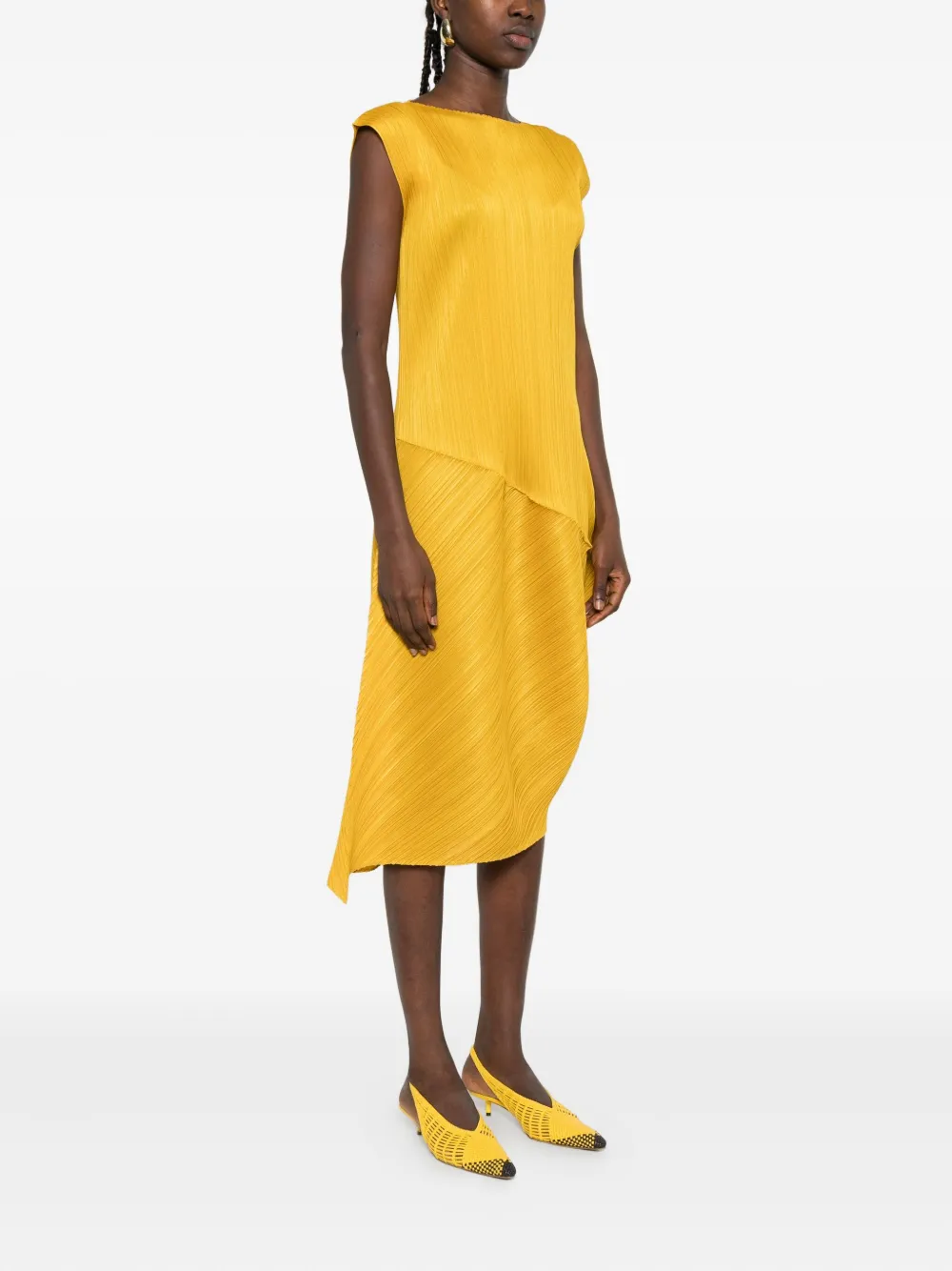 Pleats Please Issey Miyake Leap asymmetrische midi-jurk met plooien Geel