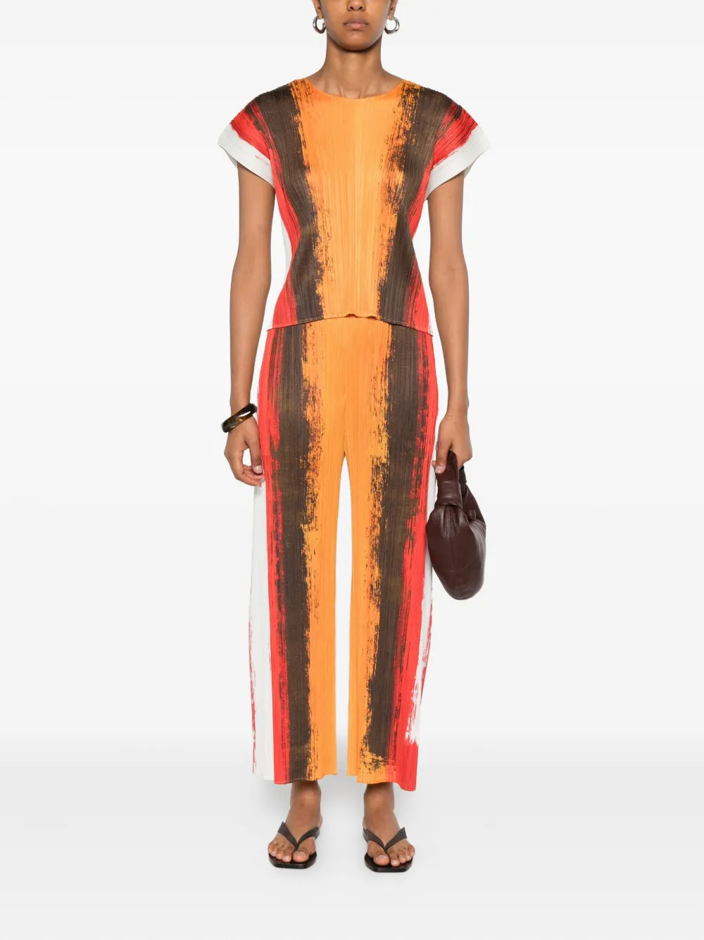 Pleats Please Issey Miyake Geplooide gestreepte top Oranje