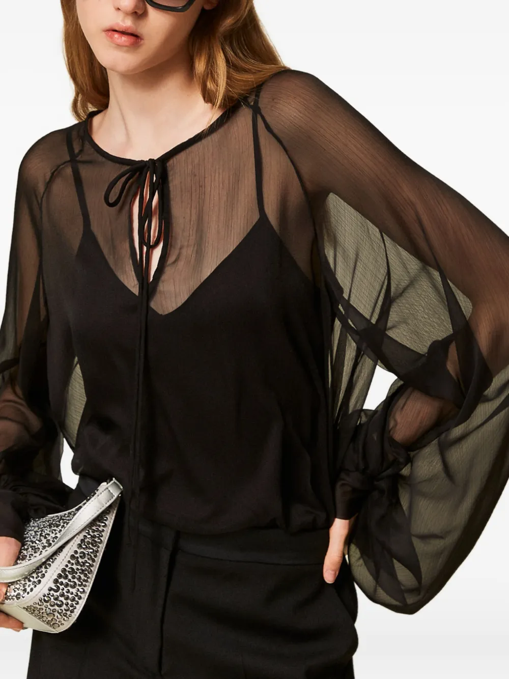Twinset Tie-neck Balloon-sleeve Voile Blouse In Blue