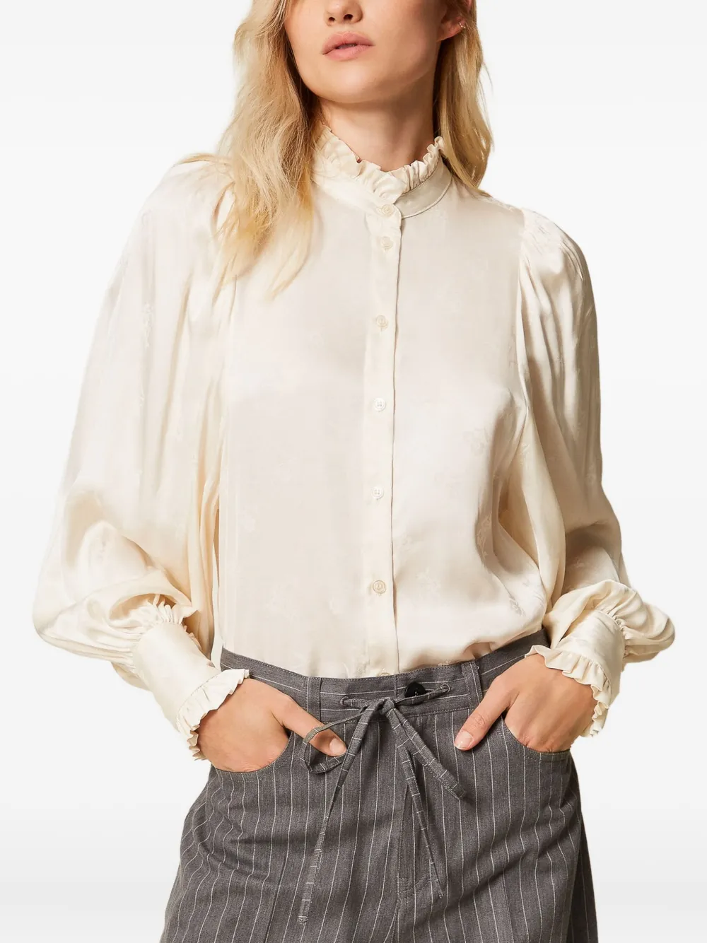 TWINSET Satijnen blouse met ruches en jacquard - Beige