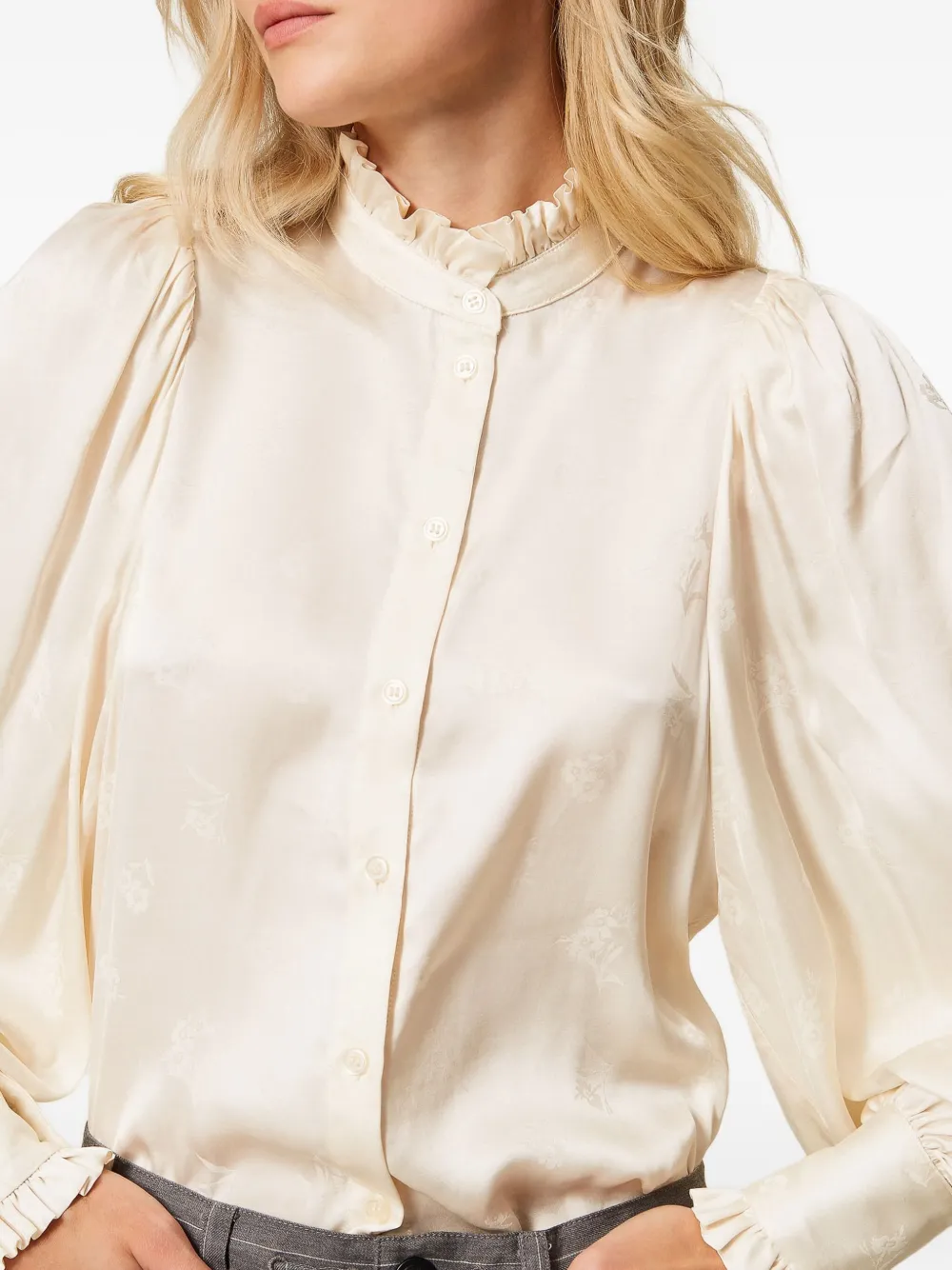 Twinset Jacquard-satin Ruffled Shirt In Neutral