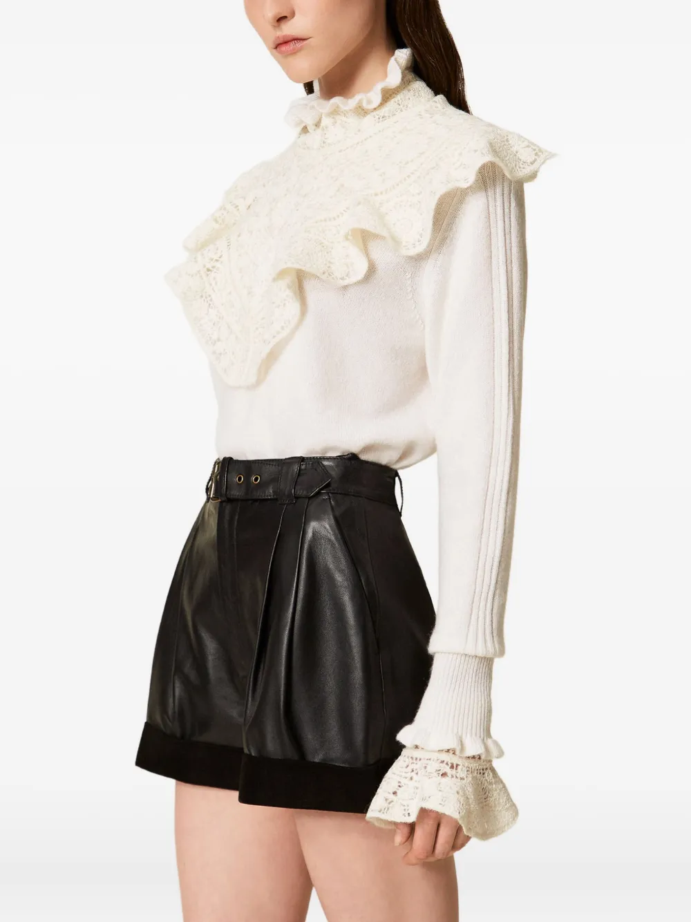  Twinset Pleated Belted Leather Shorts - Black 
