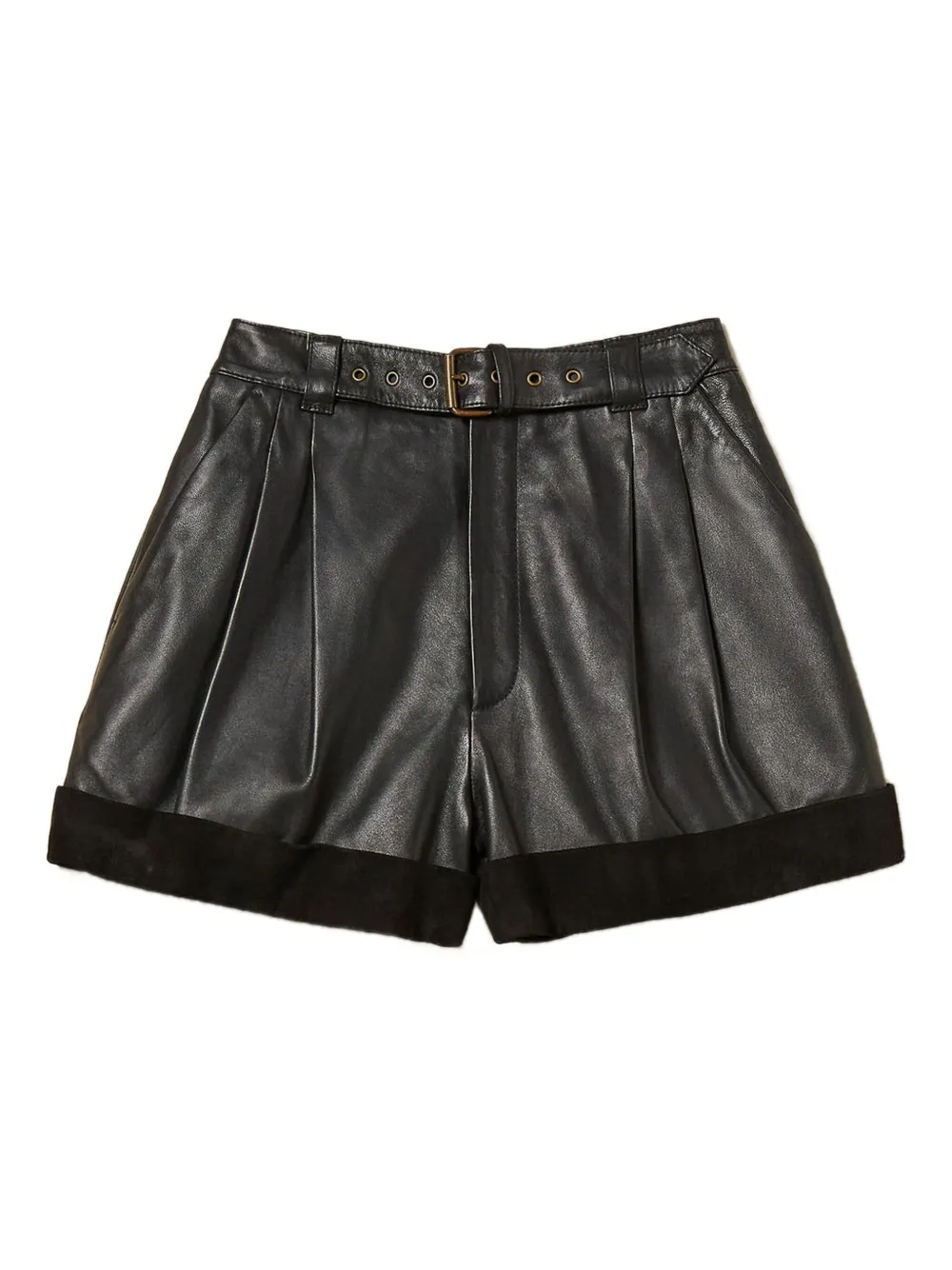 Twinset Pleated Belted Leather Shorts In Black