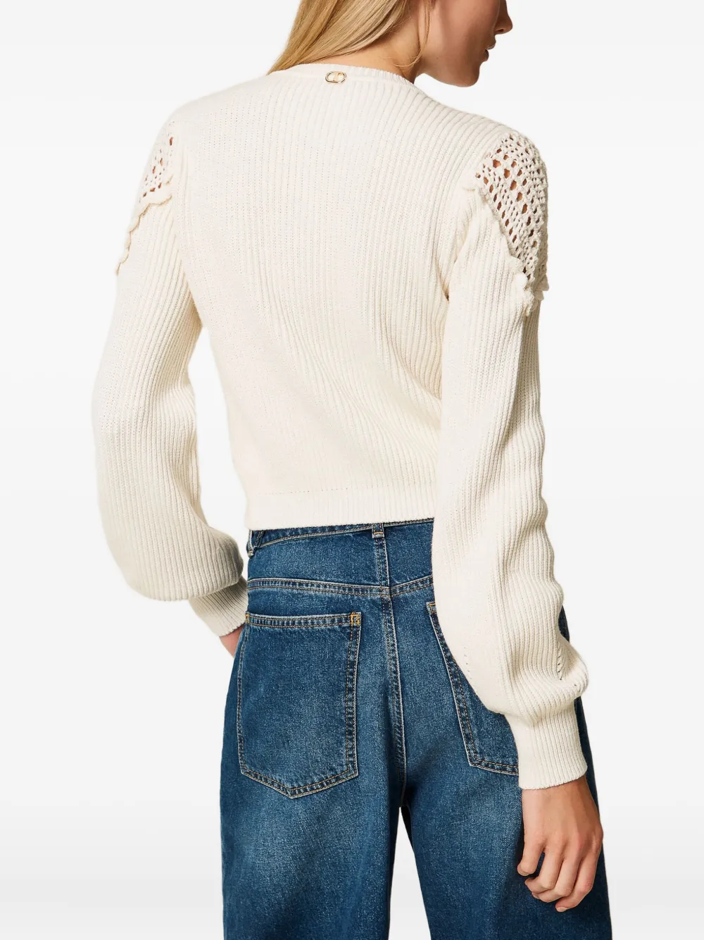 Twinset Crochet-detail Ribbed Cardigan In Neutral