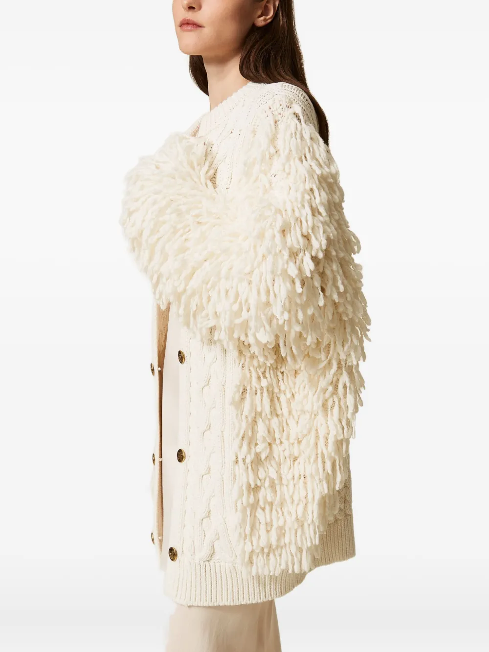 Twinset Cable-knit Fringed Cardigan In Animal Print