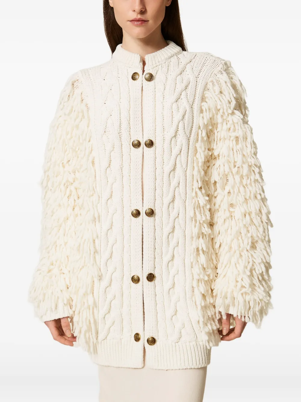 Twinset Cable-knit Fringed Cardigan In Animal Print