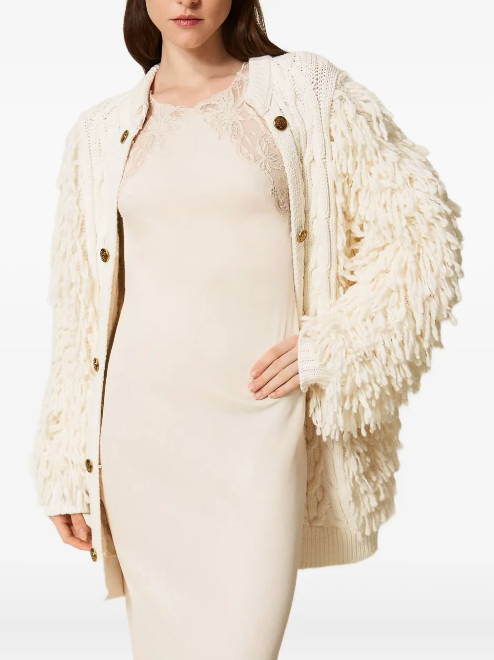 Twinset Cable-knit Fringed Cardigan In Animal Print