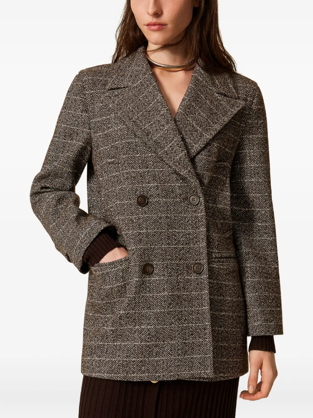 Twinset Herringbone Double-breasted Coat In Brown