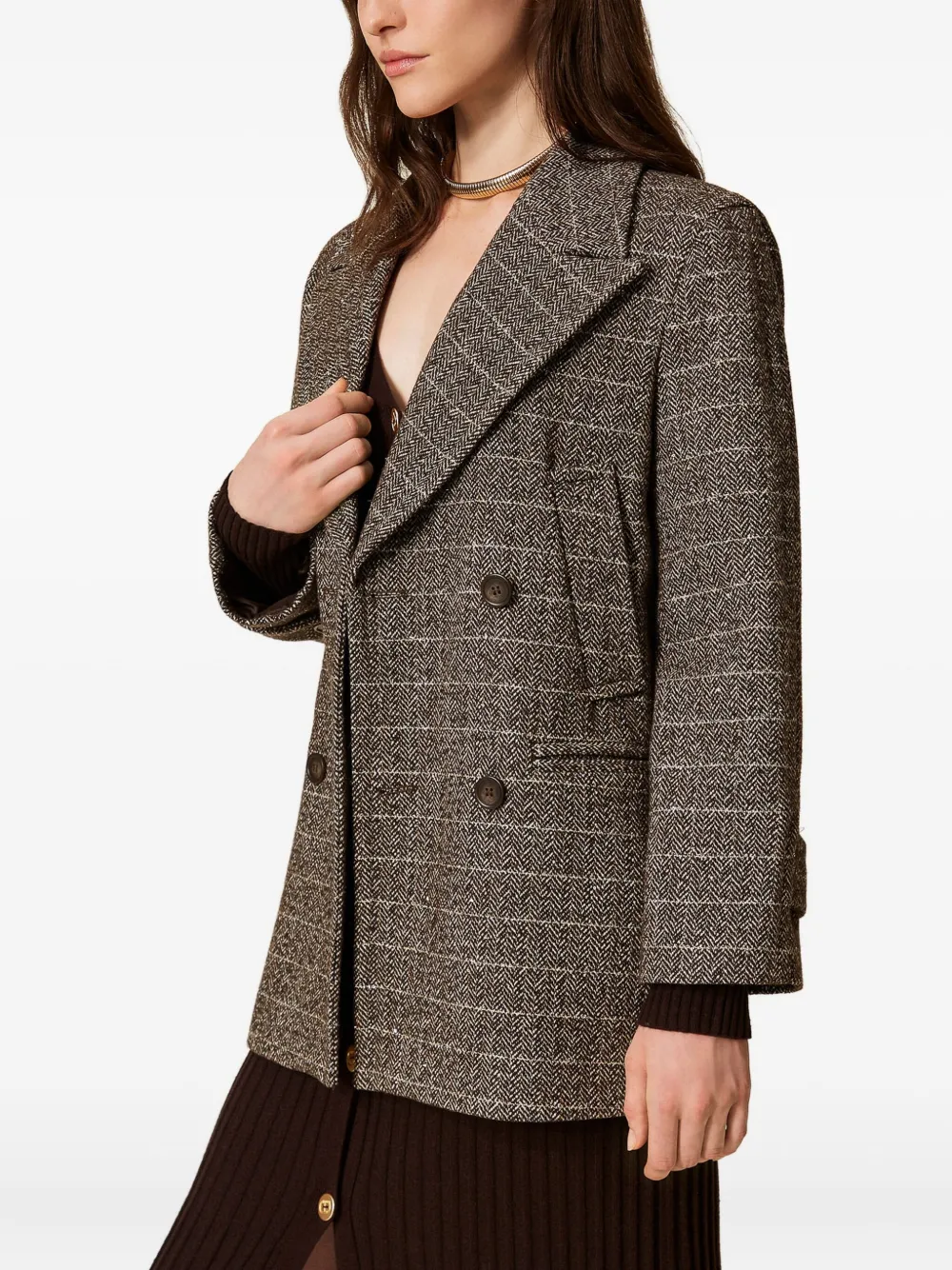 Twinset Herringbone Double-breasted Coat In Brown