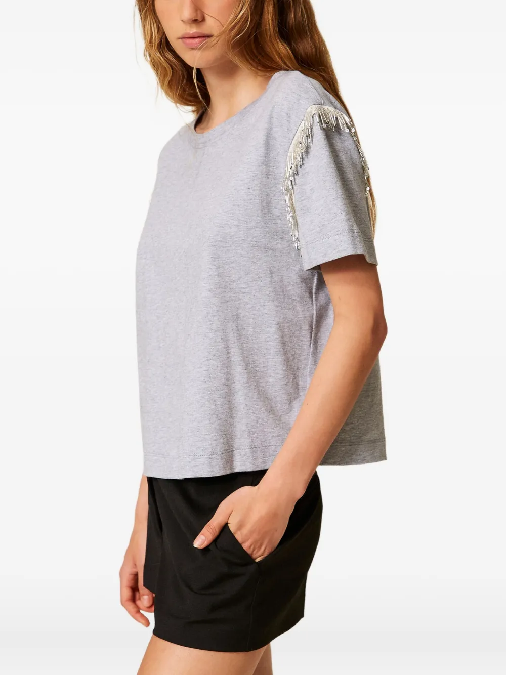 TWINSET Katoenen T-shirt met franje en kralen Grijs