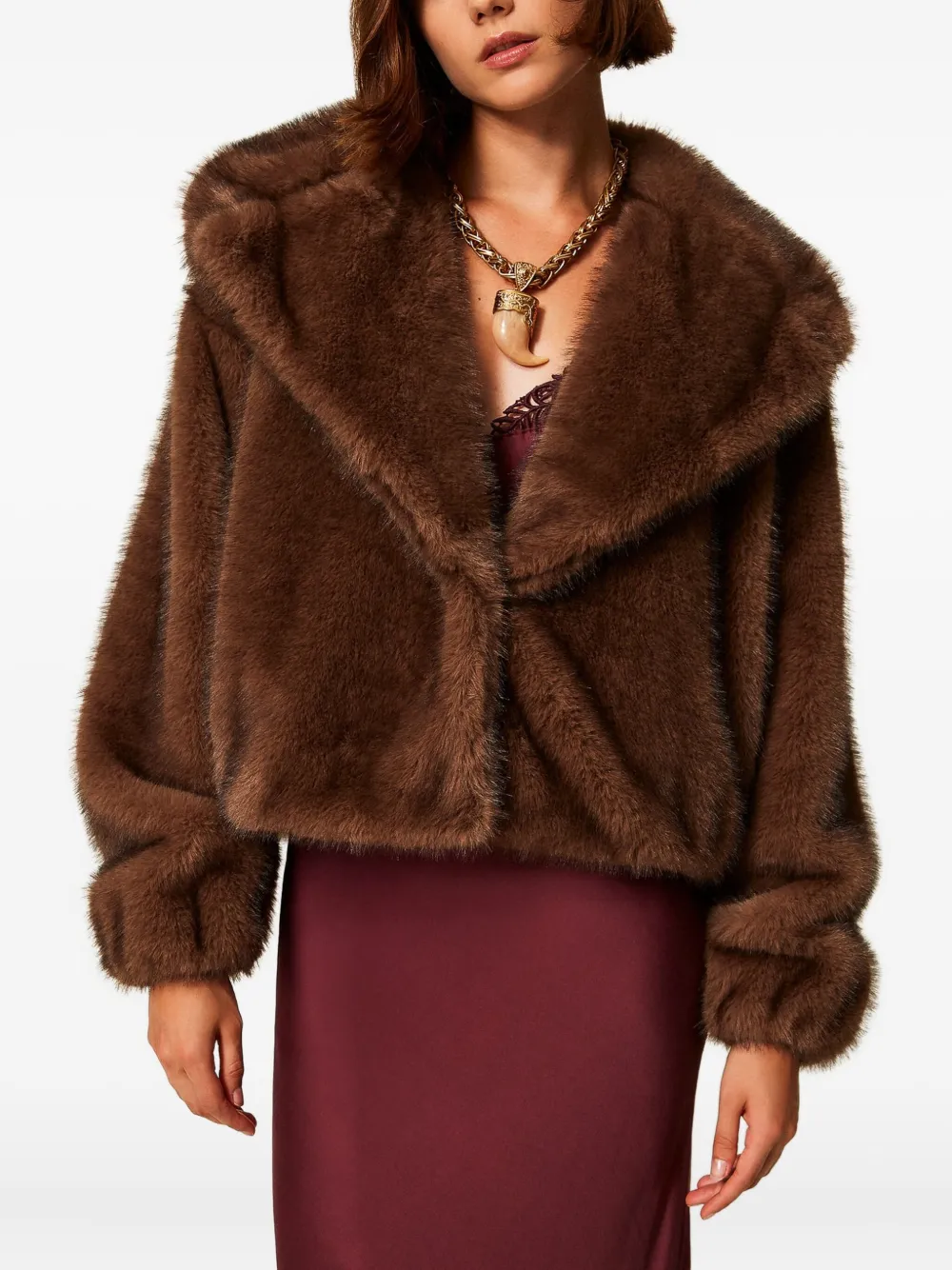 Twinset Cropped Faux Fur Coat With Shawl Collar In Brown
