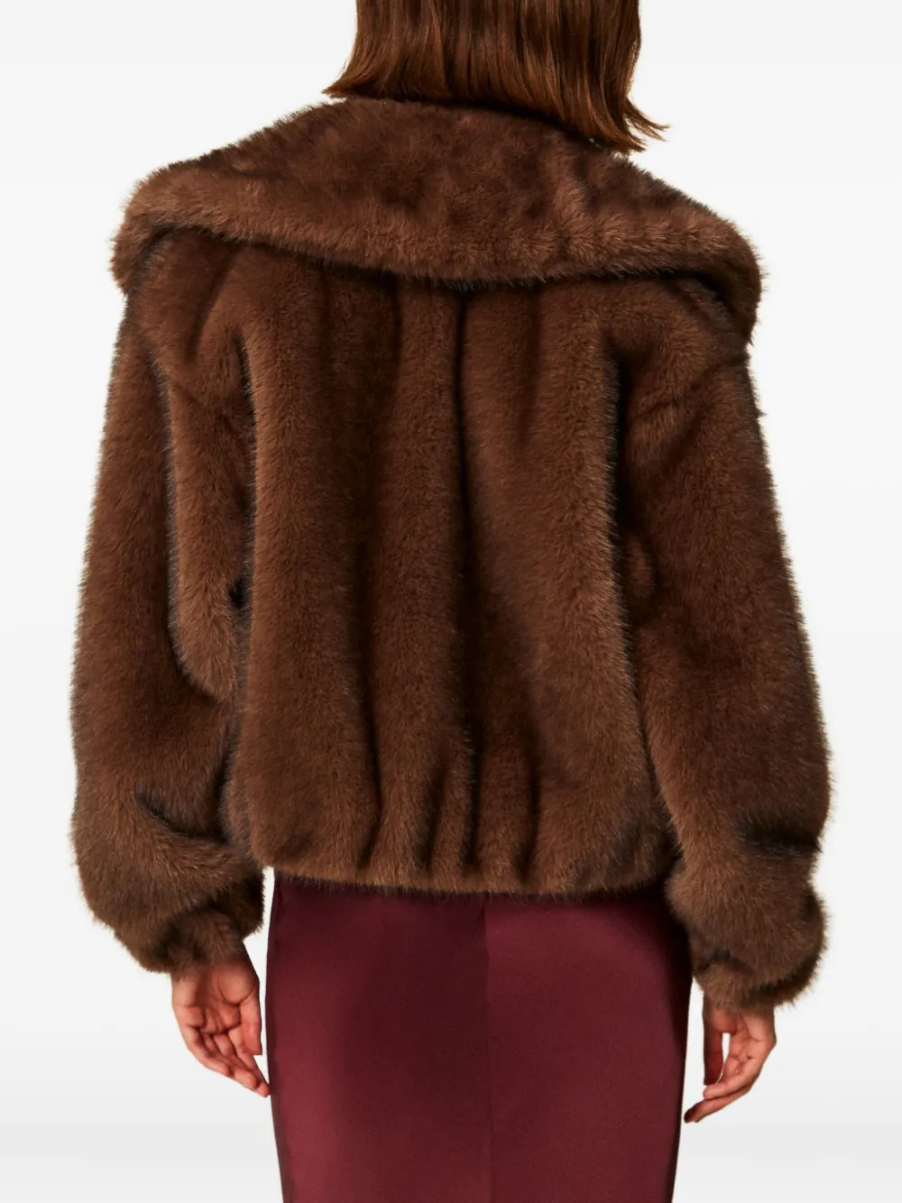 Twinset Cropped Faux Fur Coat With Shawl Collar In Brown