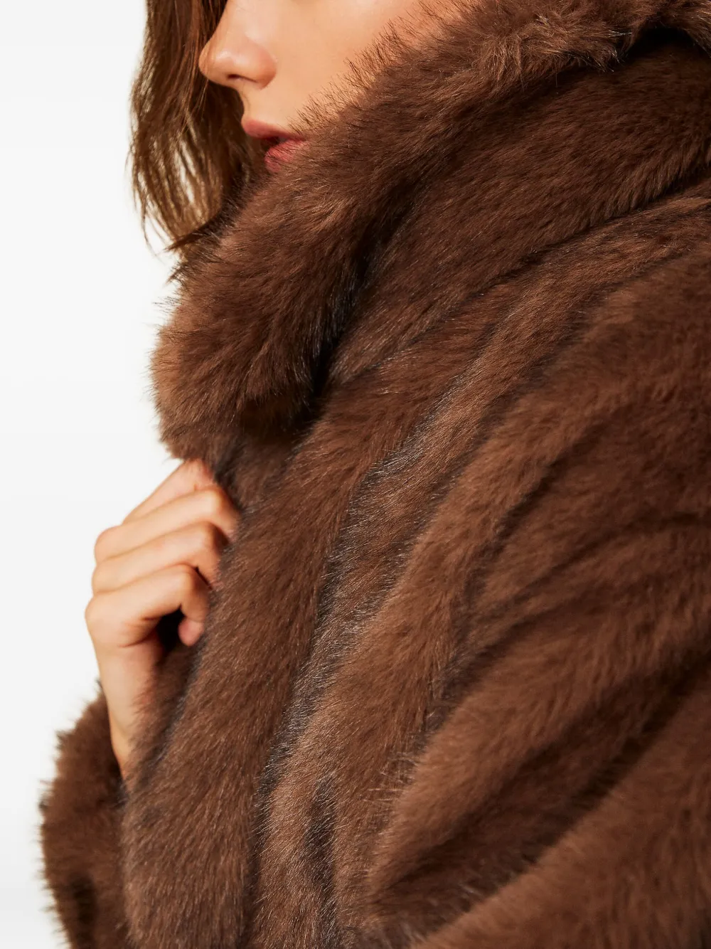 Twinset Cropped Faux Fur Coat With Shawl Collar In Brown