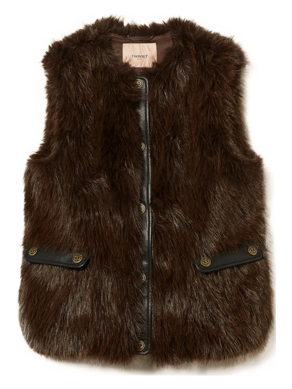 Twinset Faux-fur Buttoned Gilet In Brown