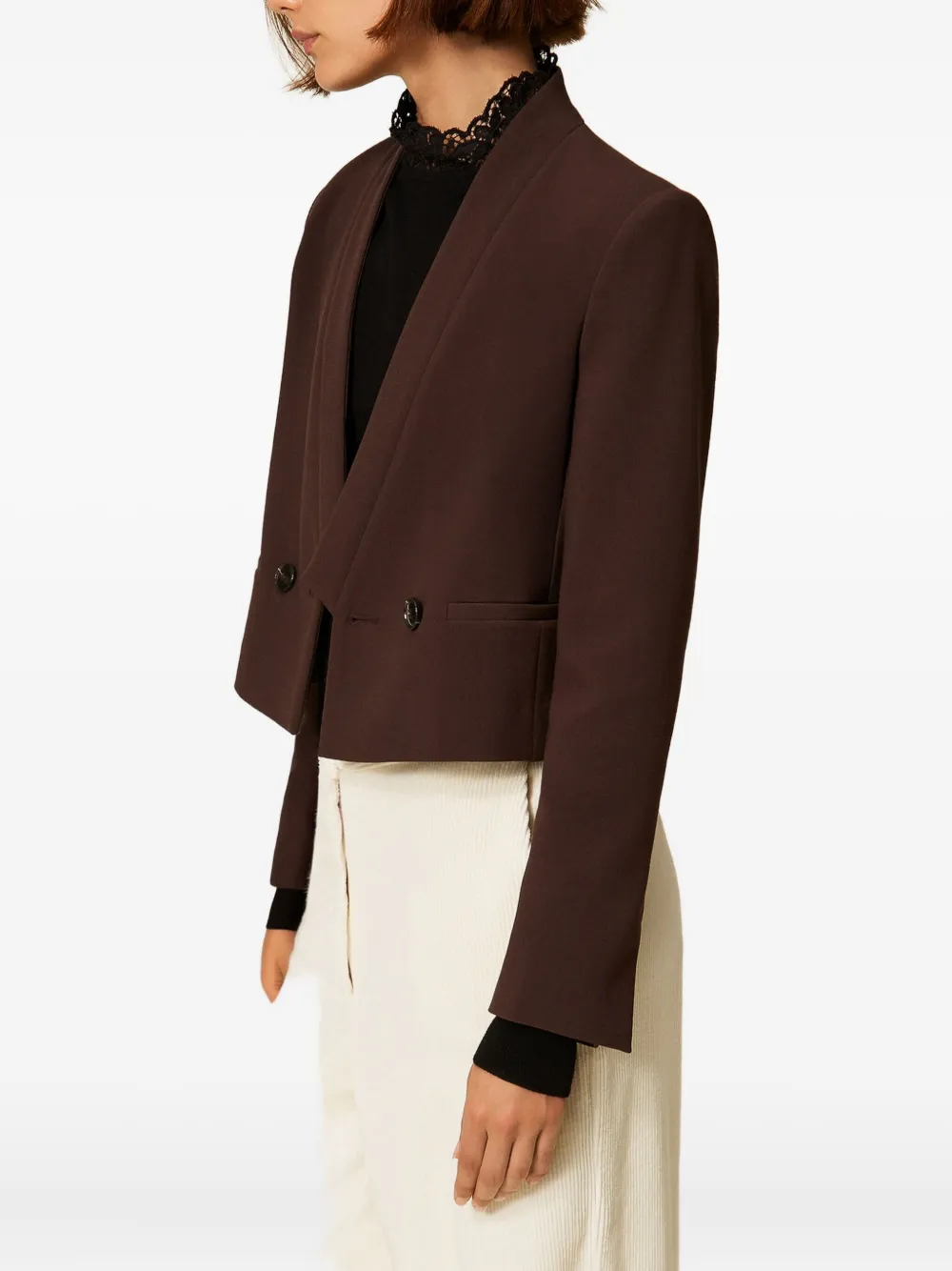 Twinset Double-breasted Cropped Blazer In Brown