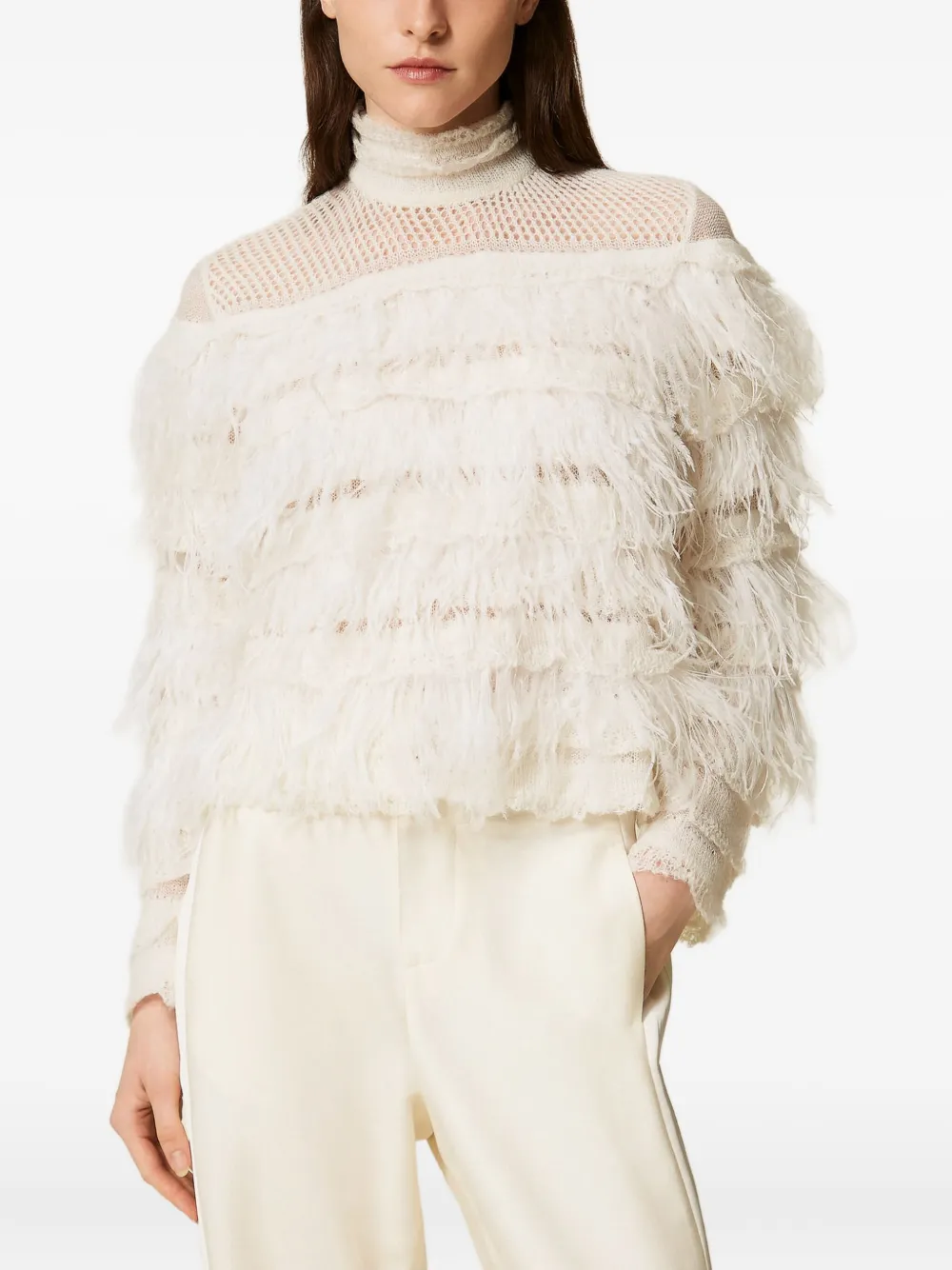  Twinset Feather-embellished Ruffled Jumper - White 
