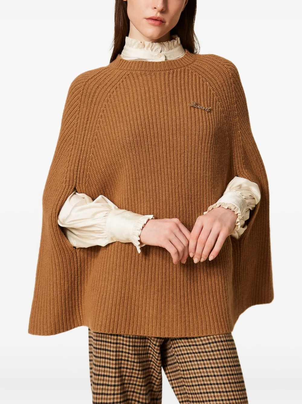 Twinset Ribbed Jewel-embellished Cape In Brown