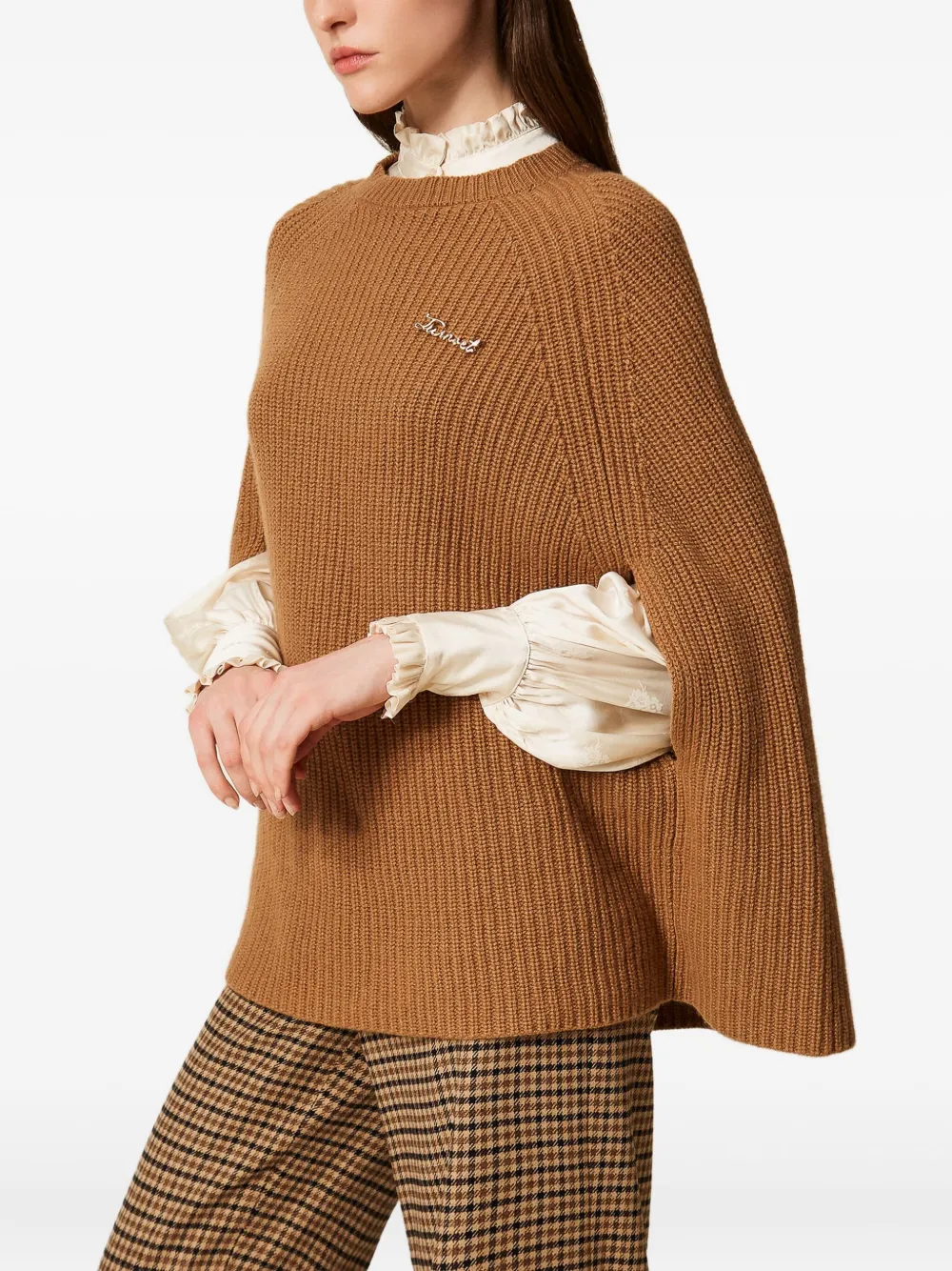 Twinset Ribbed Jewel-embellished Cape In Brown