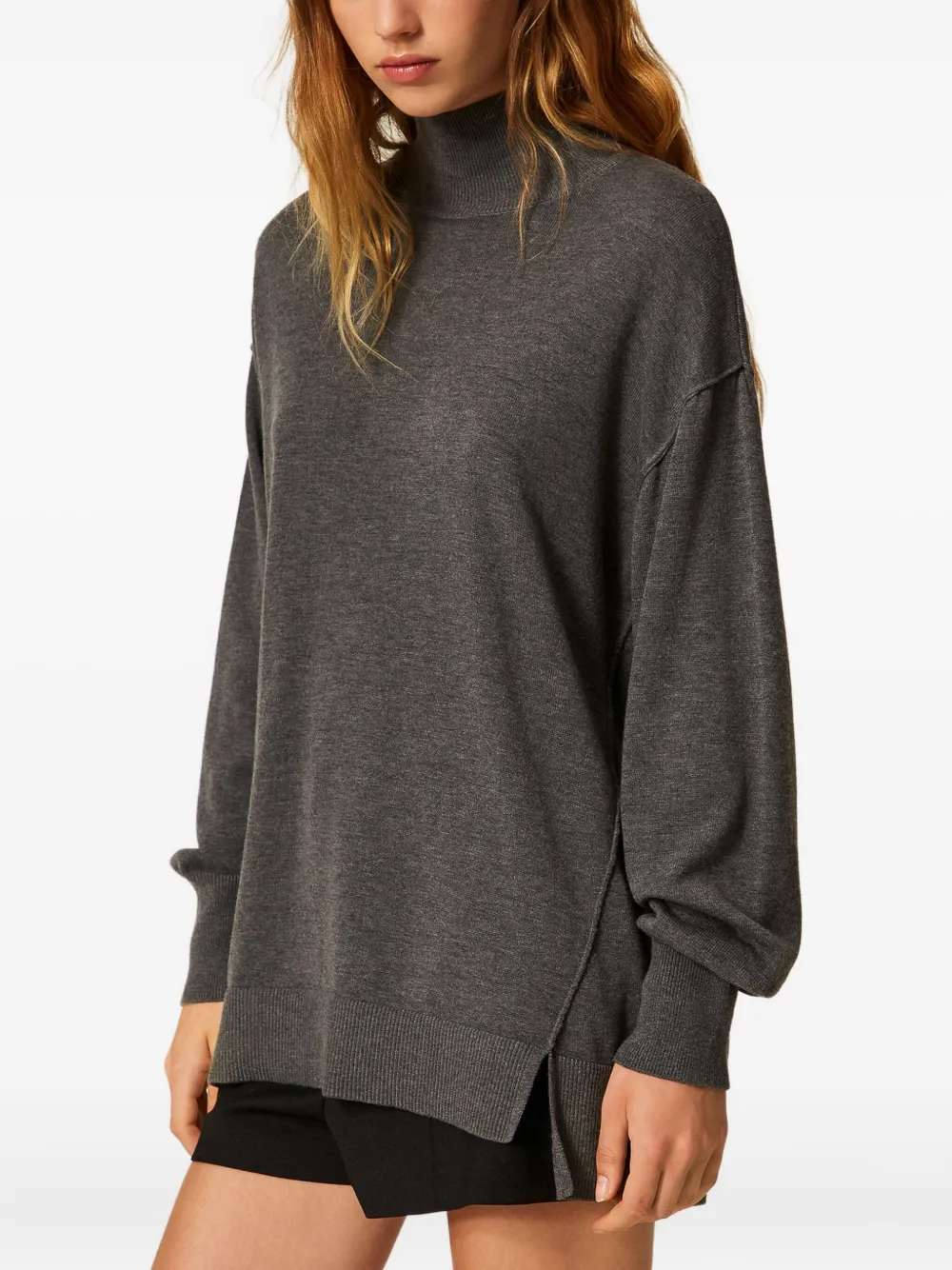 Twinset Turtleneck Side-slit Sweater In Gray