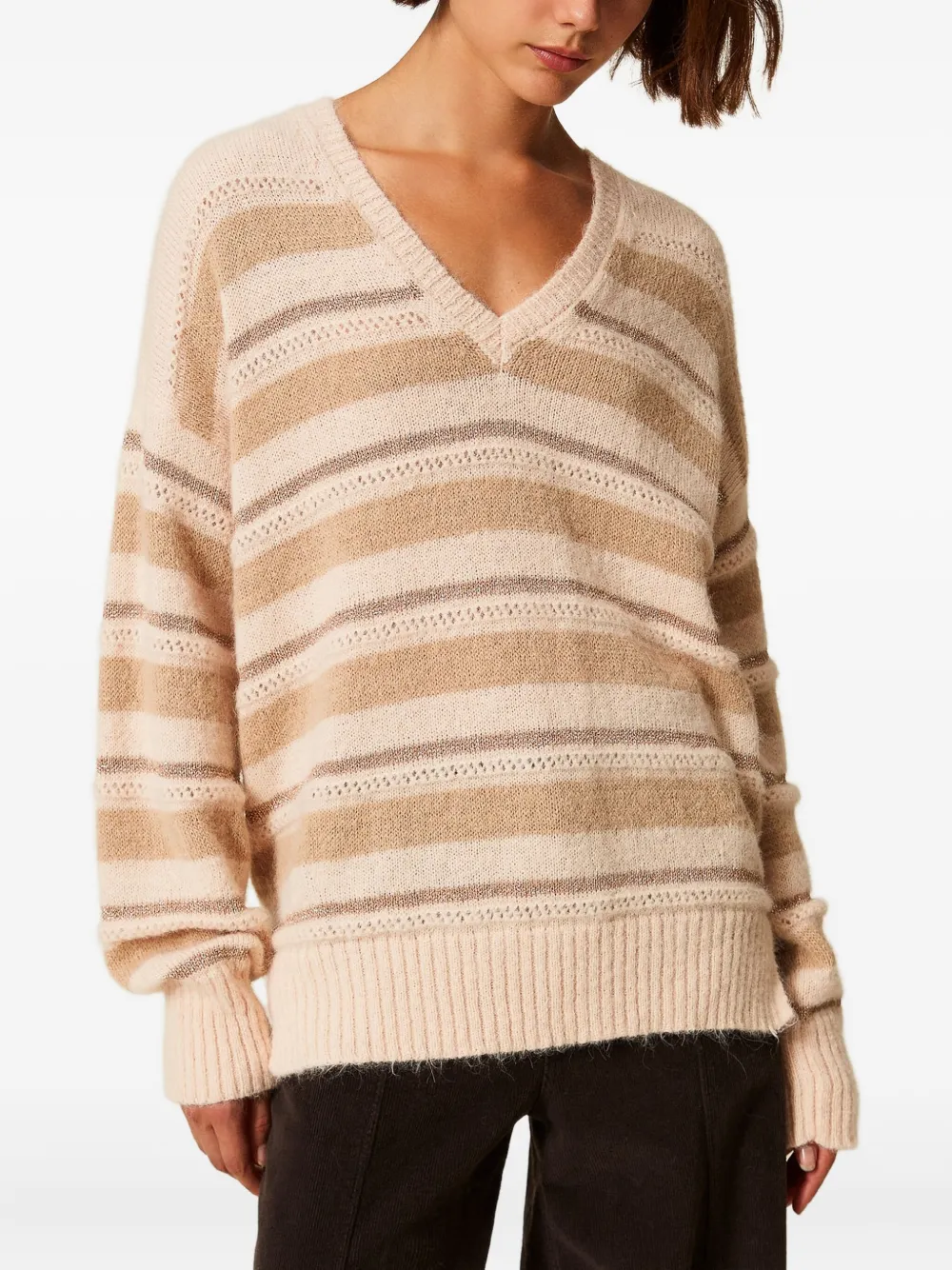 Twinset Striped V-neck Sweater In Neutral