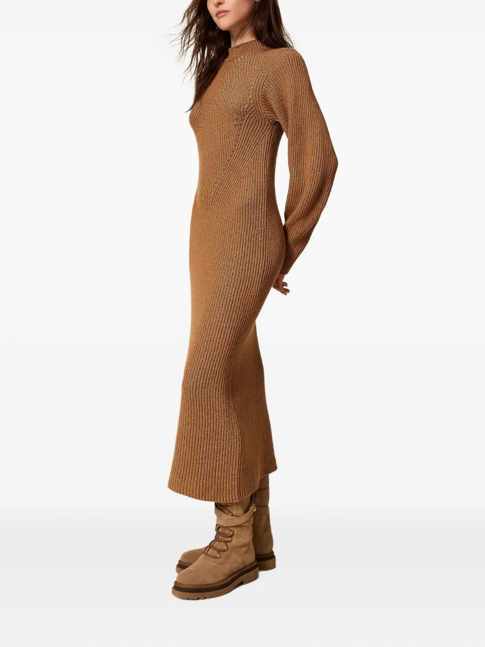 Twinset Lurex-knit Ribbed Dress In Brown