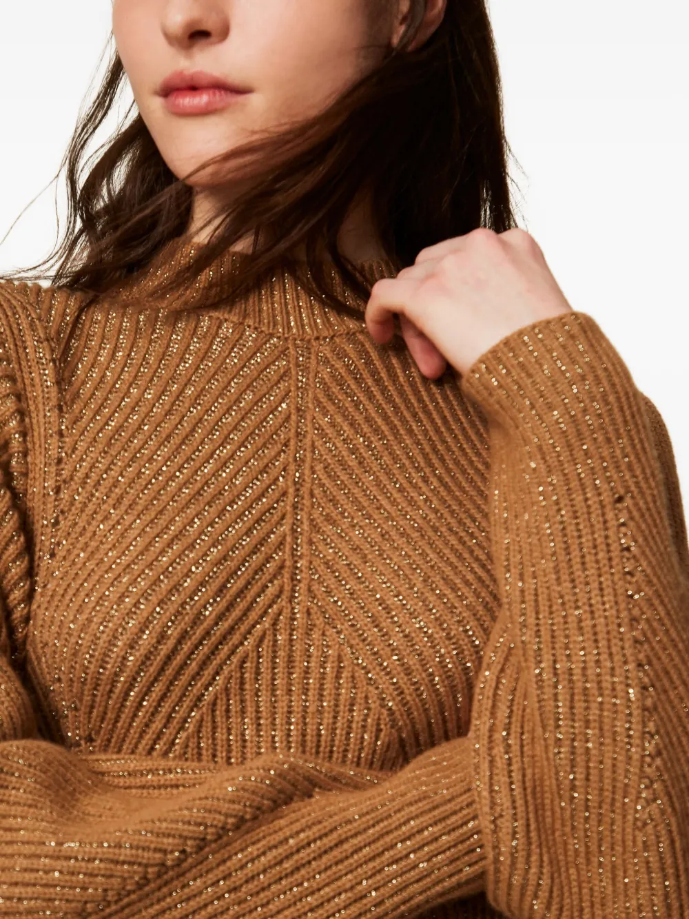 Twinset Lurex-knit Ribbed Dress In Brown